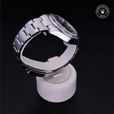 Rolex Certified Pre-owned Explorer M216570-0002 front on black background