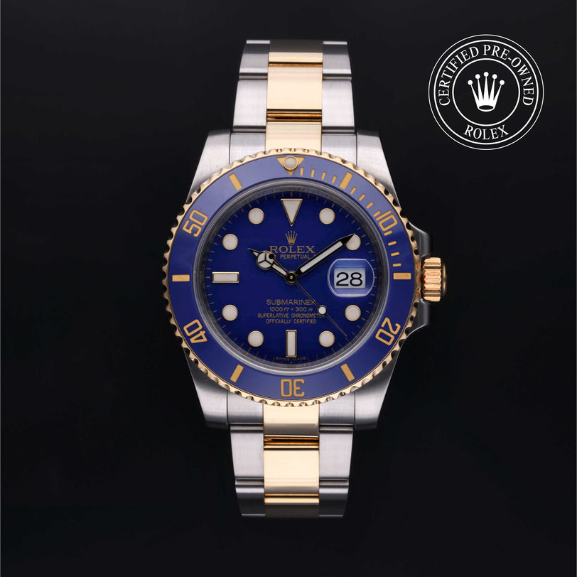 Rolex Certified Pre-owned Submariner M116613LB-0001 front on black background