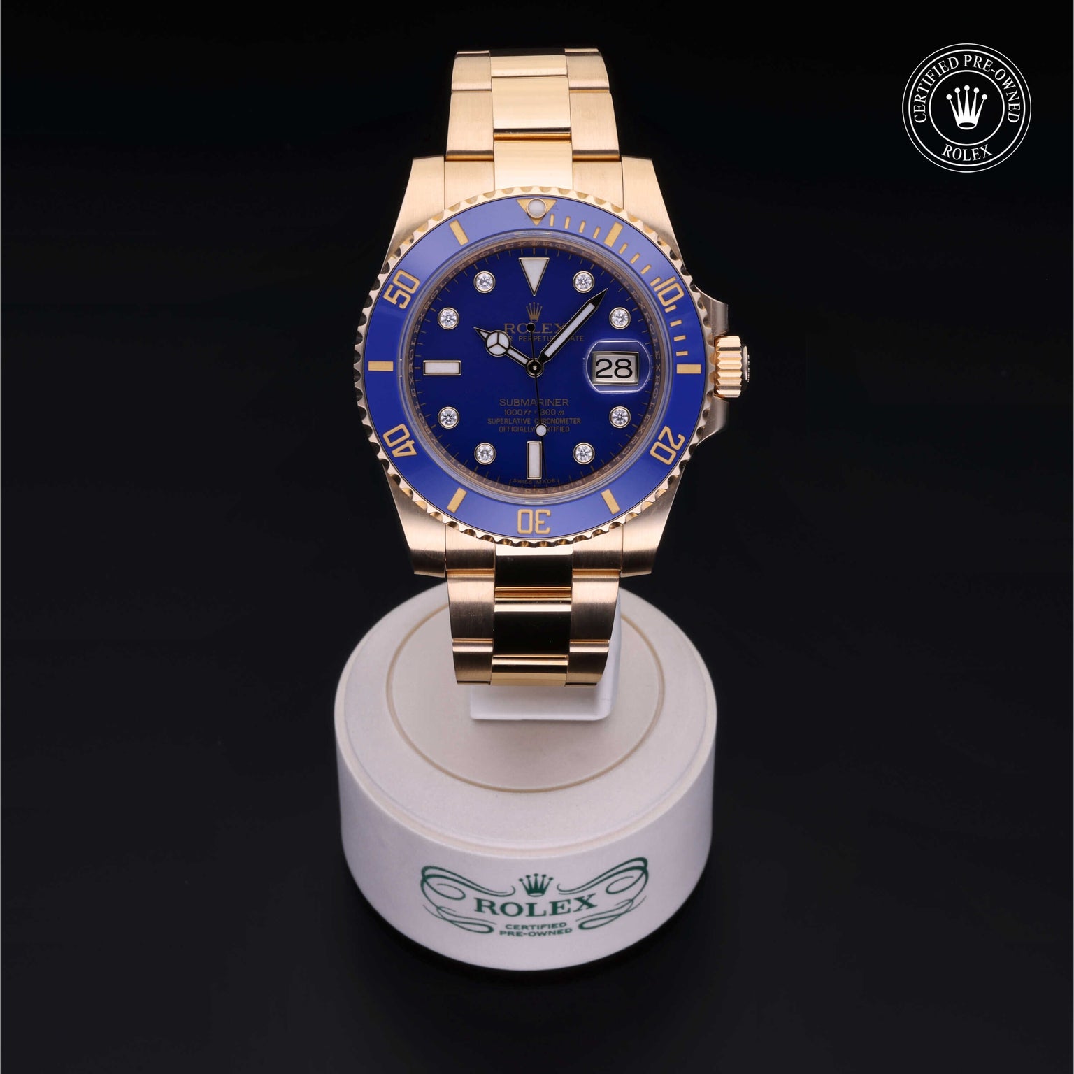 Rolex Certified Pre-owned Submariner M116618LB-0002 front on black background