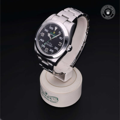 Rolex Certified Pre-owned Air-King M116900-0001 front on black background