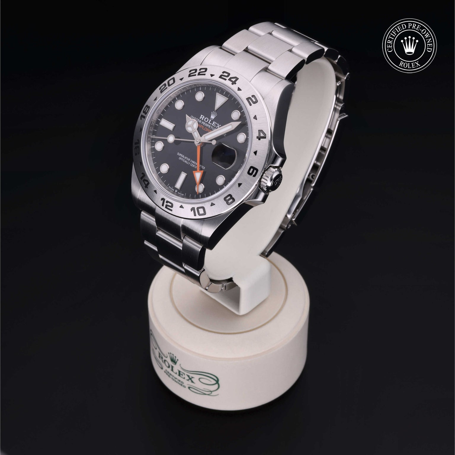 Rolex Certified Pre-owned Explorer M226570-0002 front on black background
