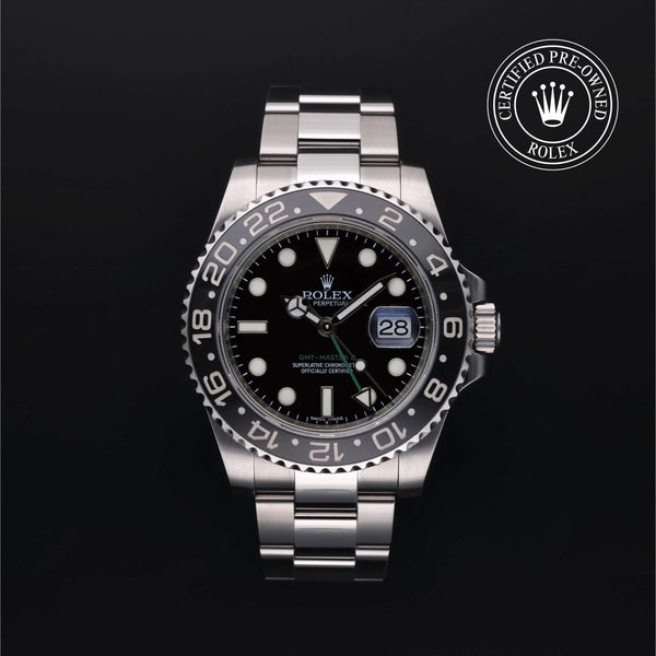 Rolex Certified Pre-owned GMT M116710LN-0001 front on black background