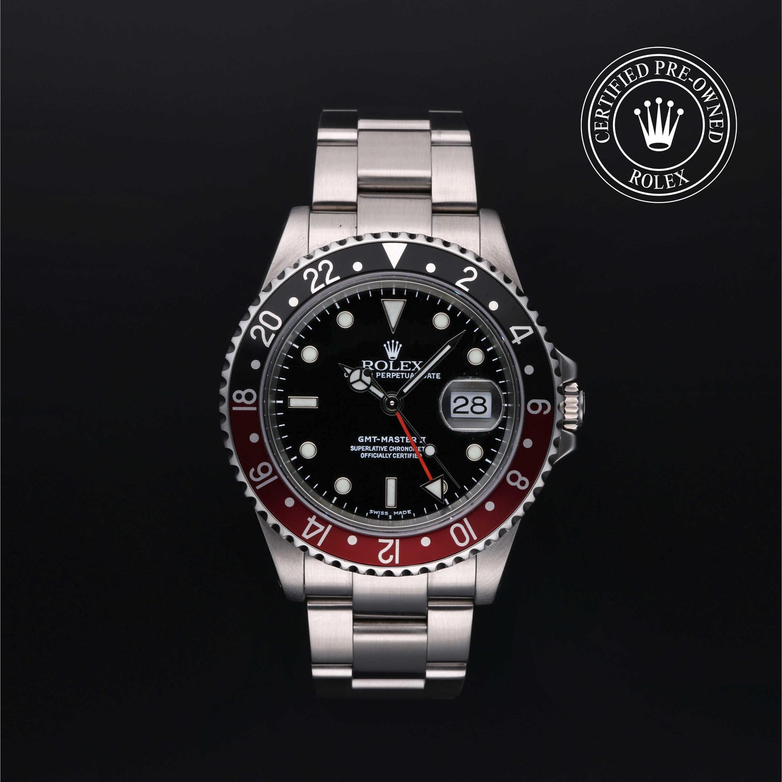 Rolex Certified Pre-owned GMT M16710-0005 front on black background