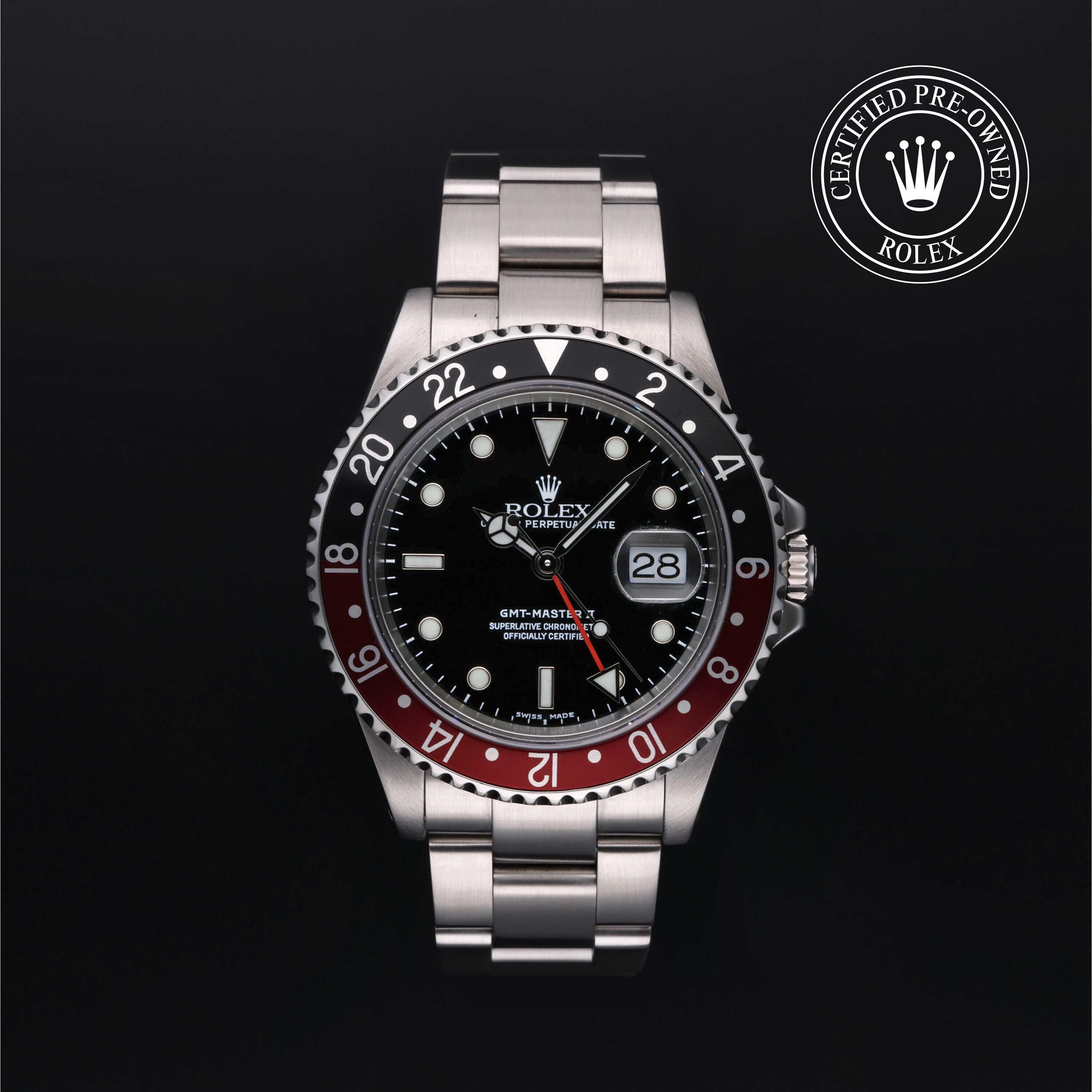 Rolex Certified Pre-owned GMT M16710-0005 front on black background