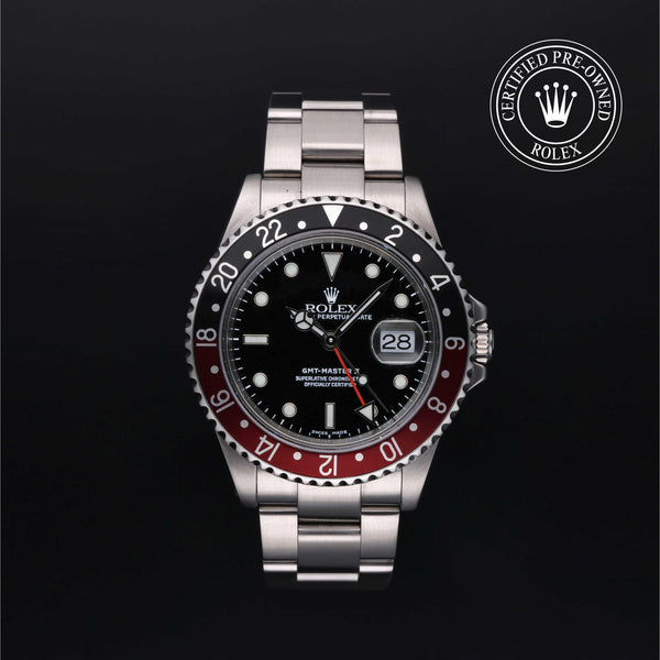 Rolex Certified Pre-owned GMT M16710-0005 front on black background