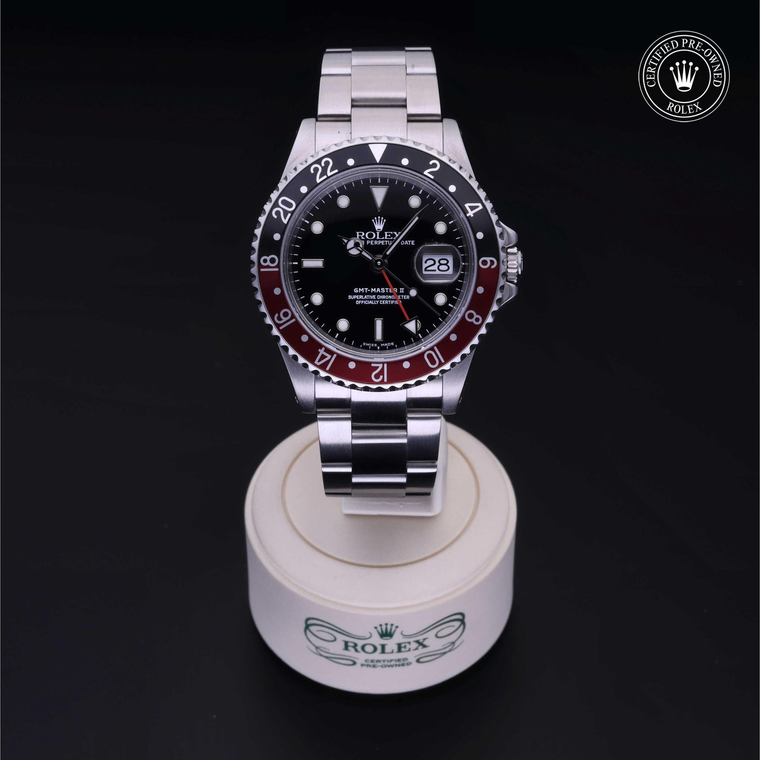 Rolex Certified Pre-owned GMT M16710-0005 front on black background