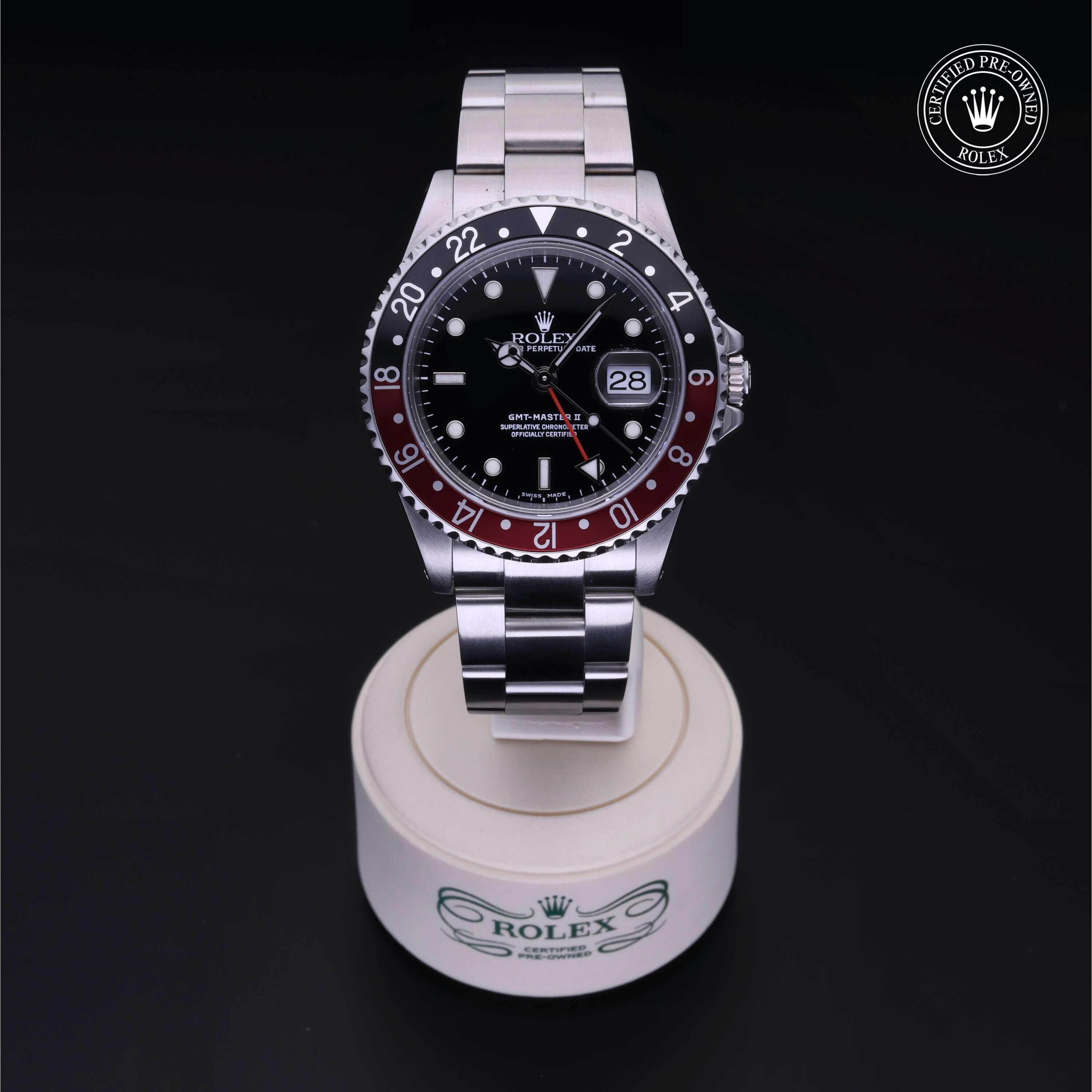 Rolex Certified Pre-owned GMT M16710-0005 front on black background