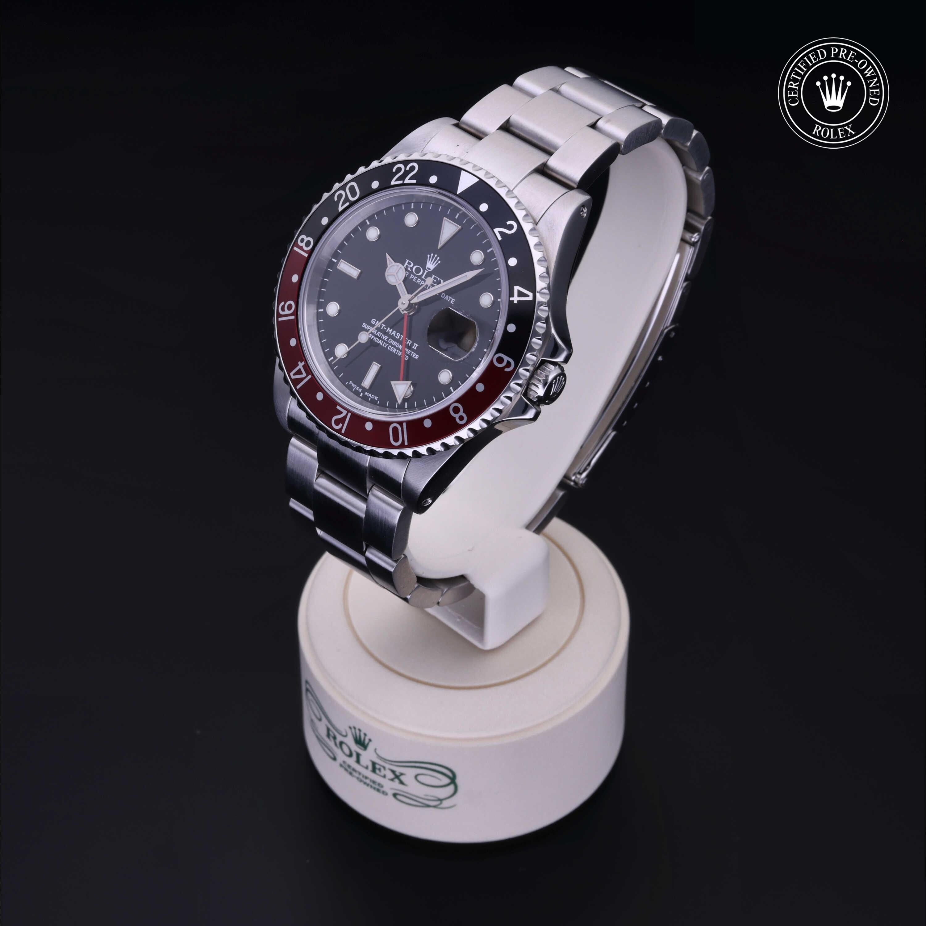 Rolex Certified Pre-owned GMT M16710-0005 front on black background