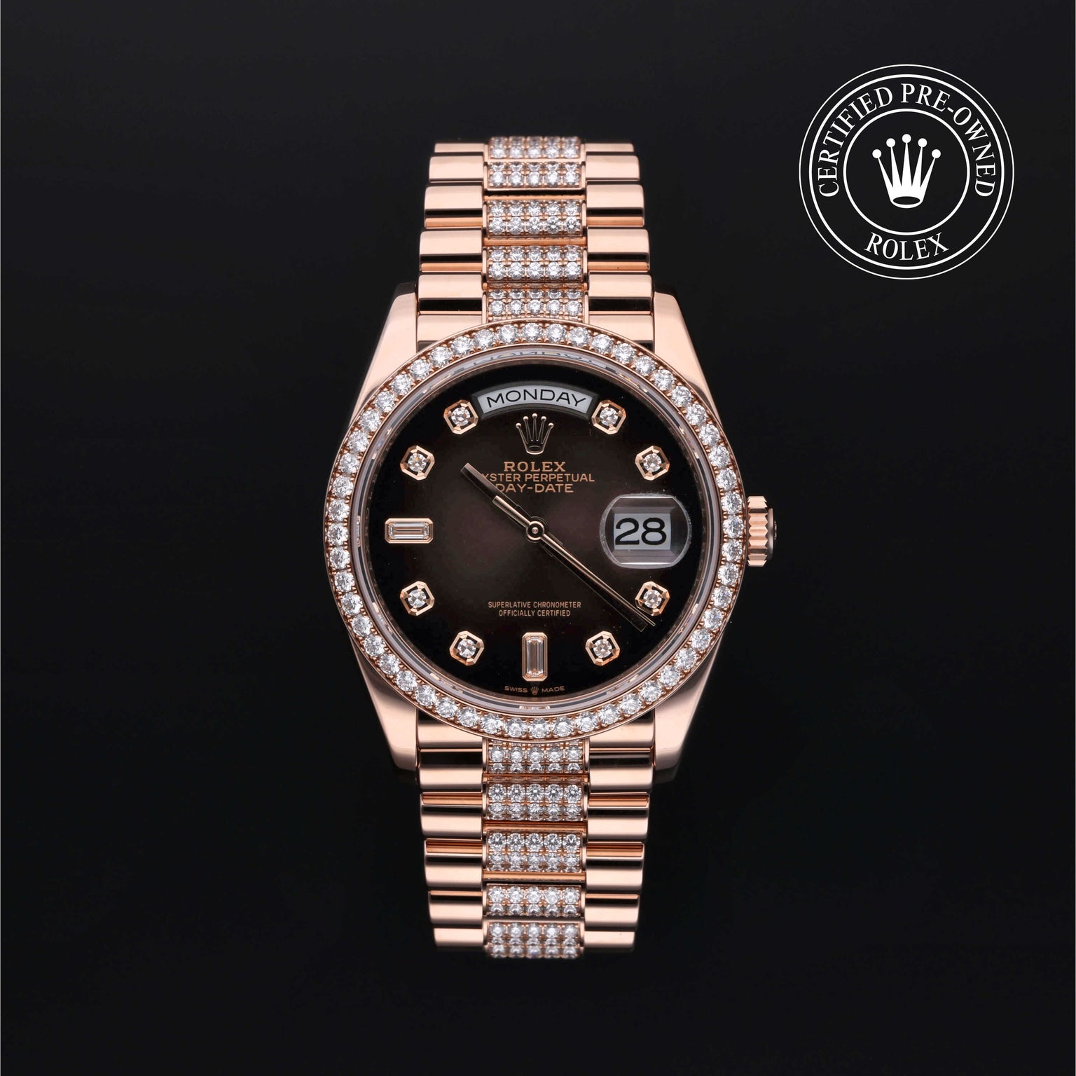 Rolex Certified Pre-owned Day-date M128345RBR-0041 front on black background