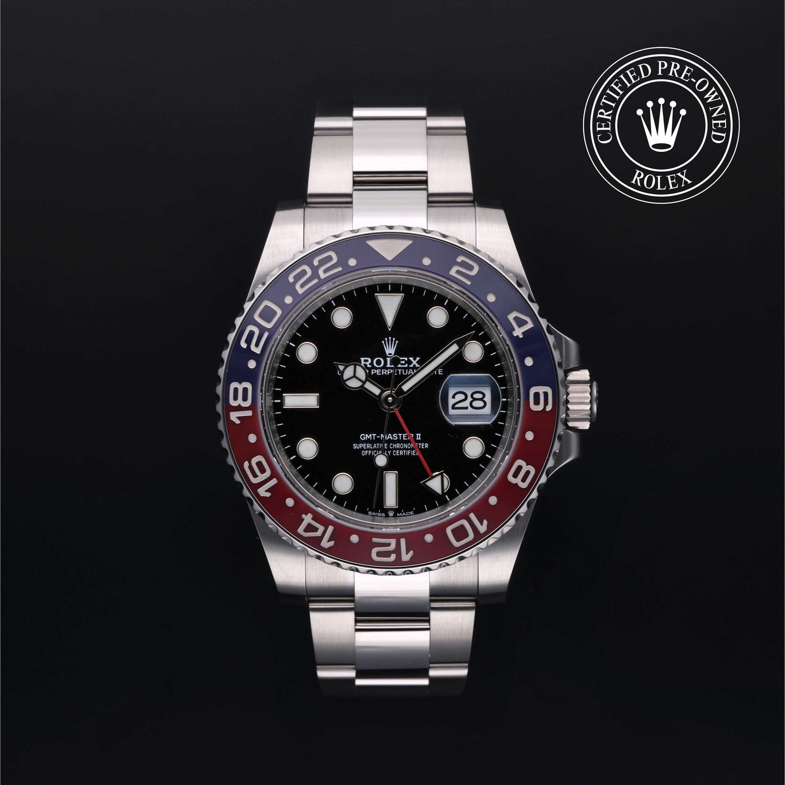 Rolex Certified Pre-owned GMT M126710BLRO-0002 front on black background