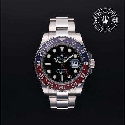 Rolex Certified Pre-owned GMT M126710BLRO-0002 front on black background