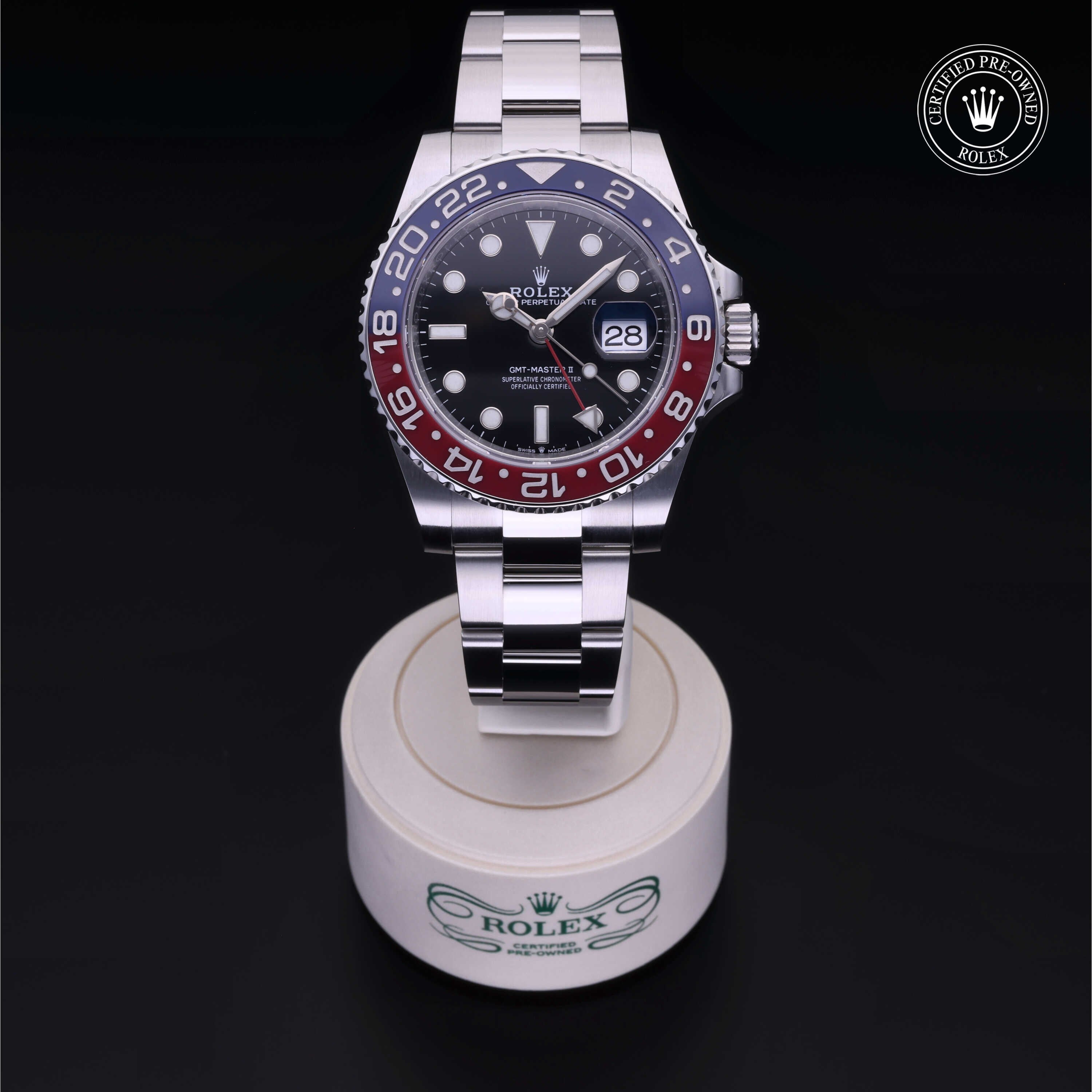 Rolex Certified Pre-owned GMT M126710BLRO-0002 front on black background