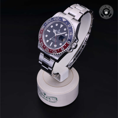 Rolex Certified Pre-owned GMT M126710BLRO-0002 front on black background