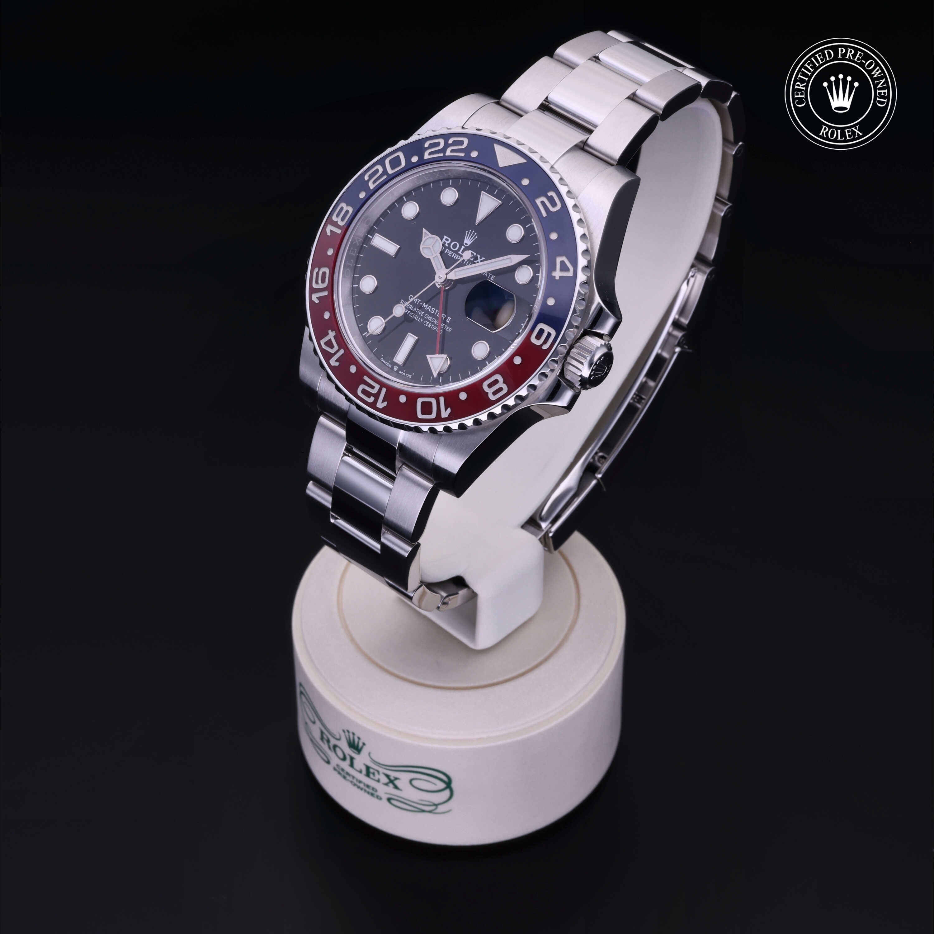 Rolex Certified Pre-owned GMT M126710BLRO-0002 front on black background