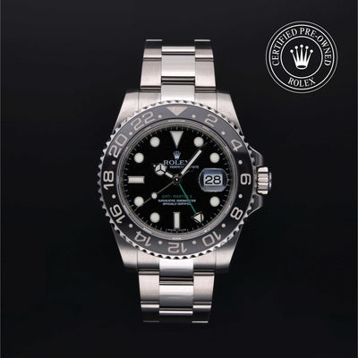 Rolex Certified Pre-owned GMT M116710LN-0001 front on black background