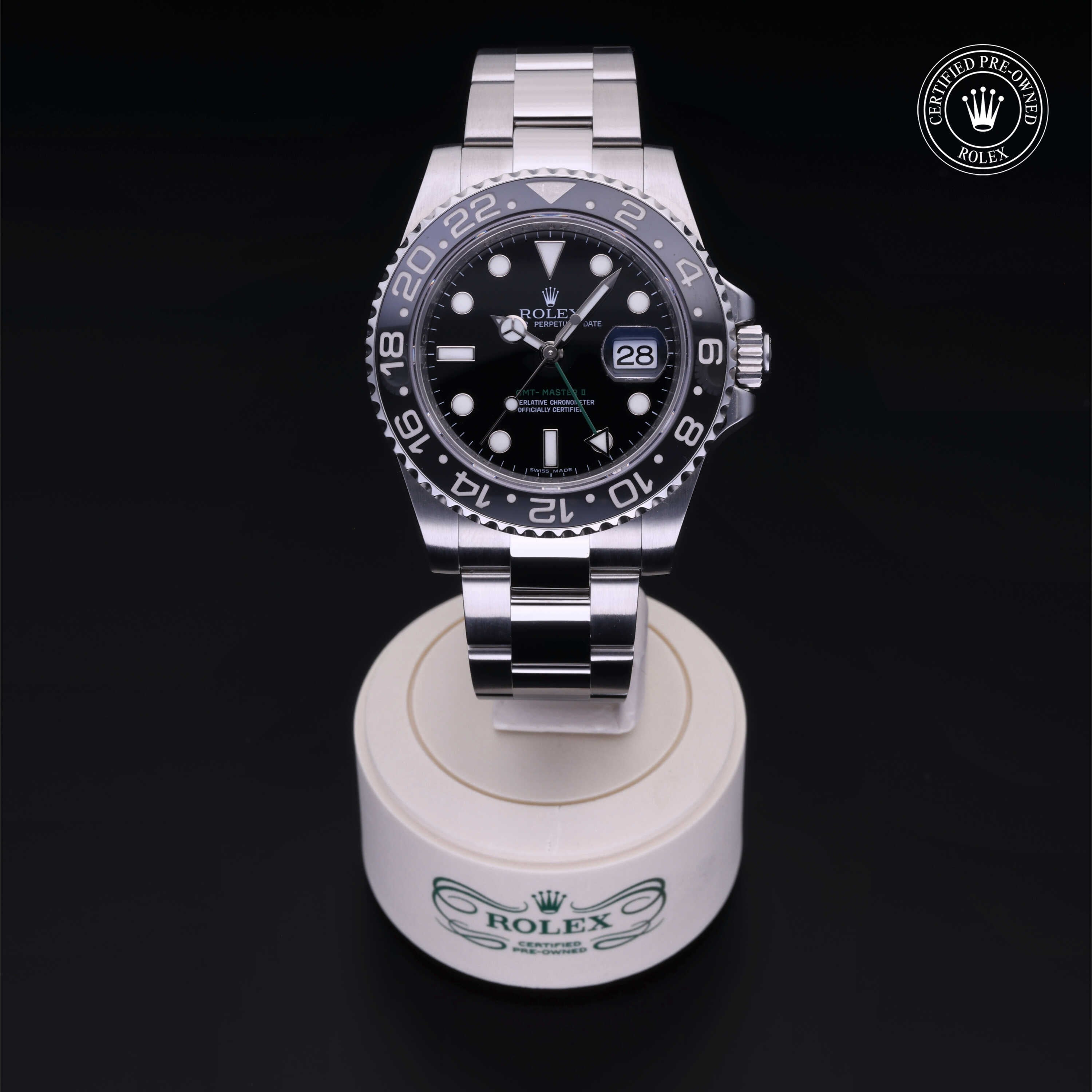 Rolex Certified Pre-owned GMT M116710LN-0001 front on black background