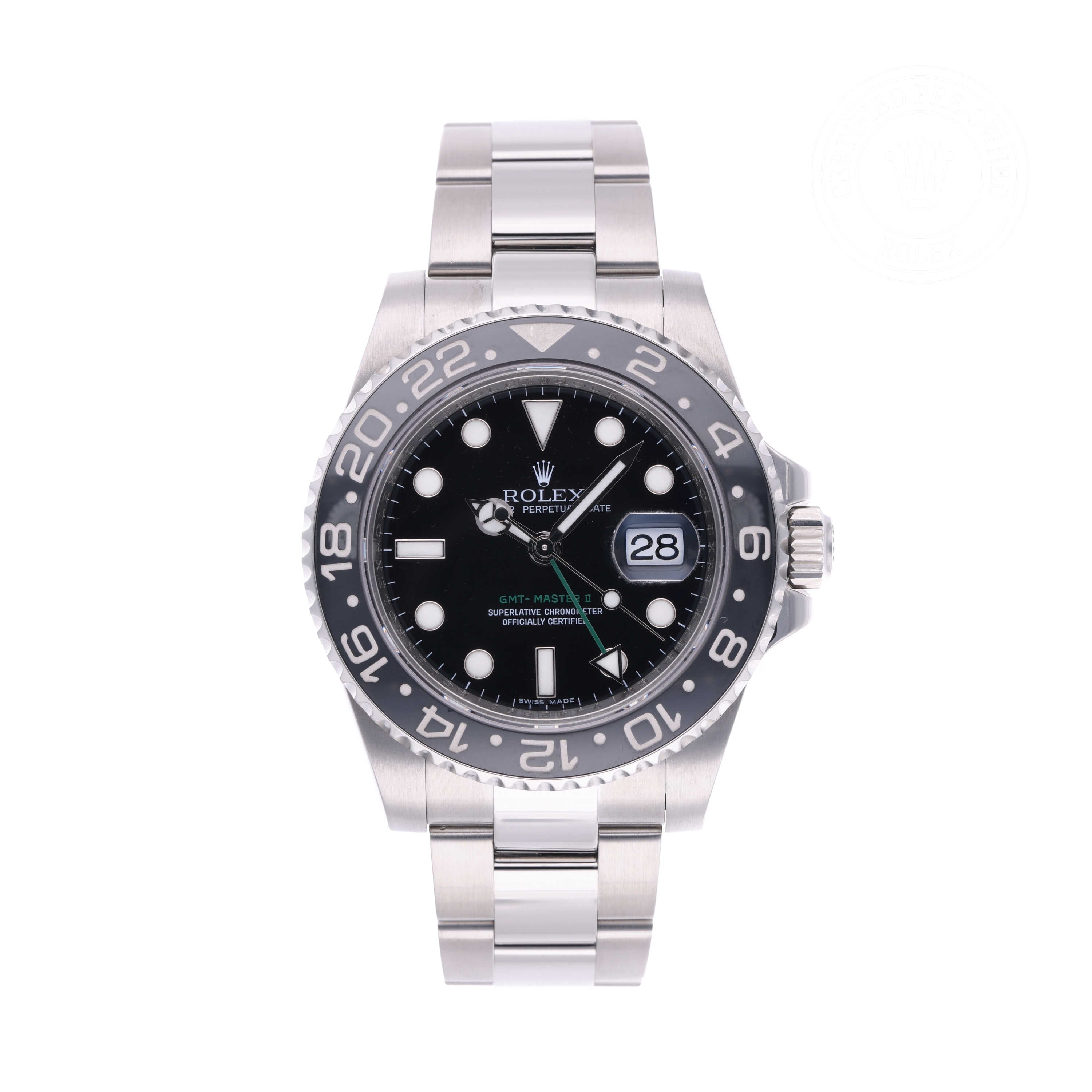 Rolex Certified Pre-owned GMT M116710LN-0001 front on white background