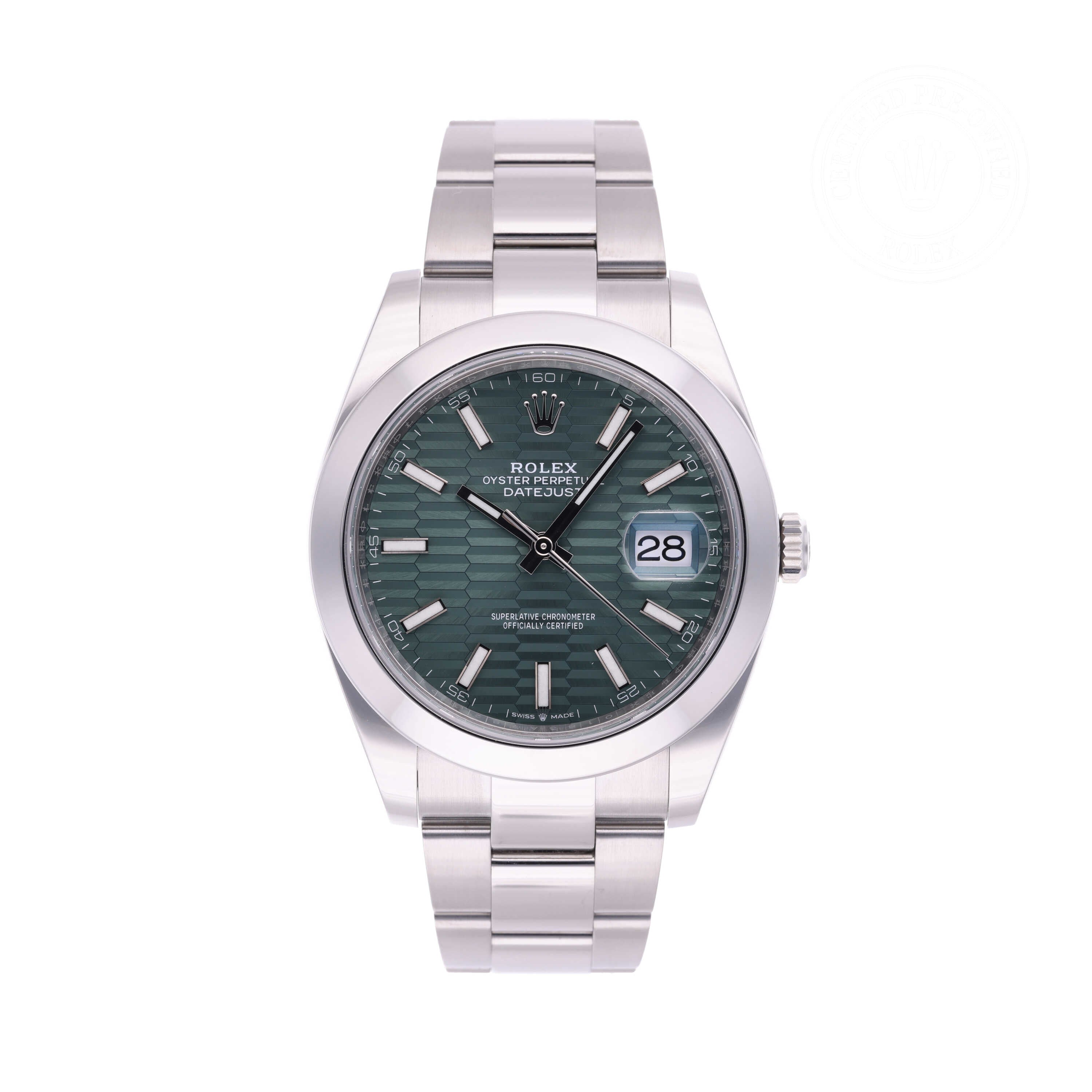 Rolex Certified Pre-owned Datejust M126300-0021 front on white background