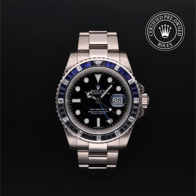 Rolex Certified Pre-owned GMT M116749SABLNR-0001 front on black background