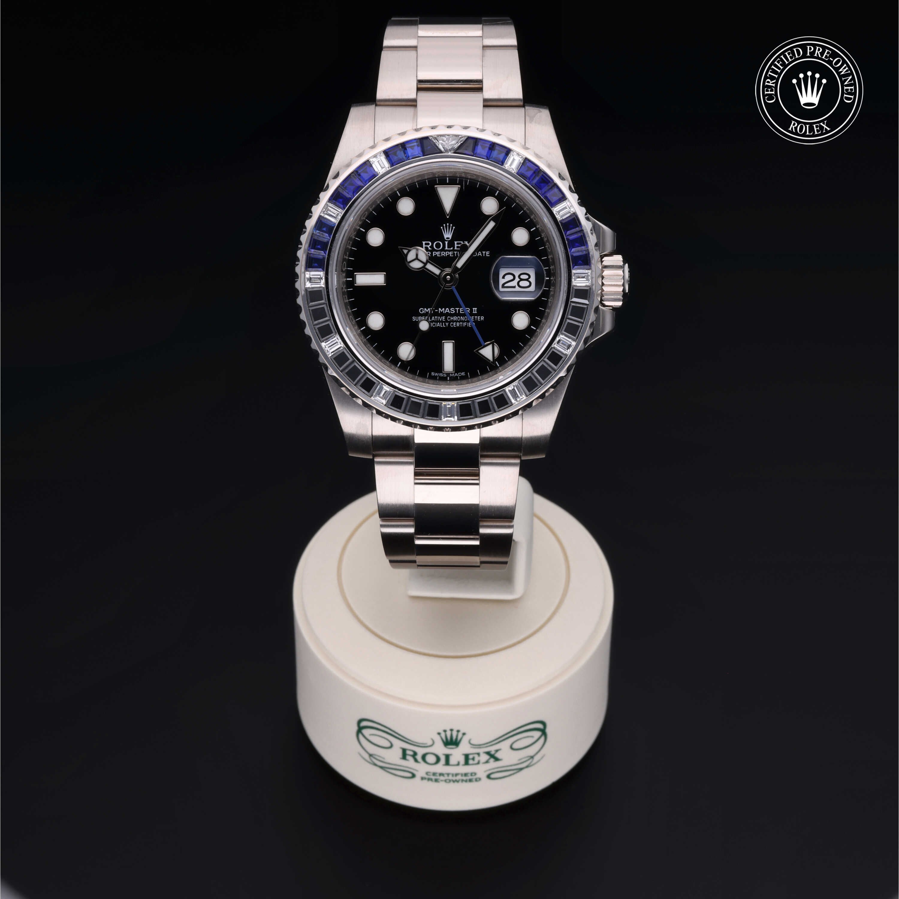 Rolex Certified Pre-owned GMT M116749SABLNR-0001 front on black background