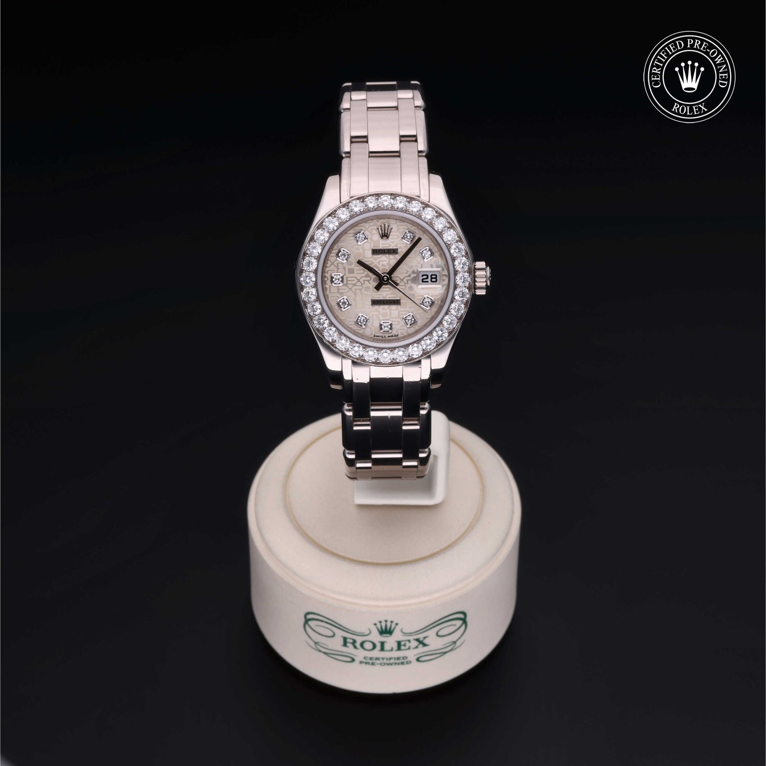 Rolex Certified Pre-owned Lady Datejust Pearlmaster M80299-0073 front on black background