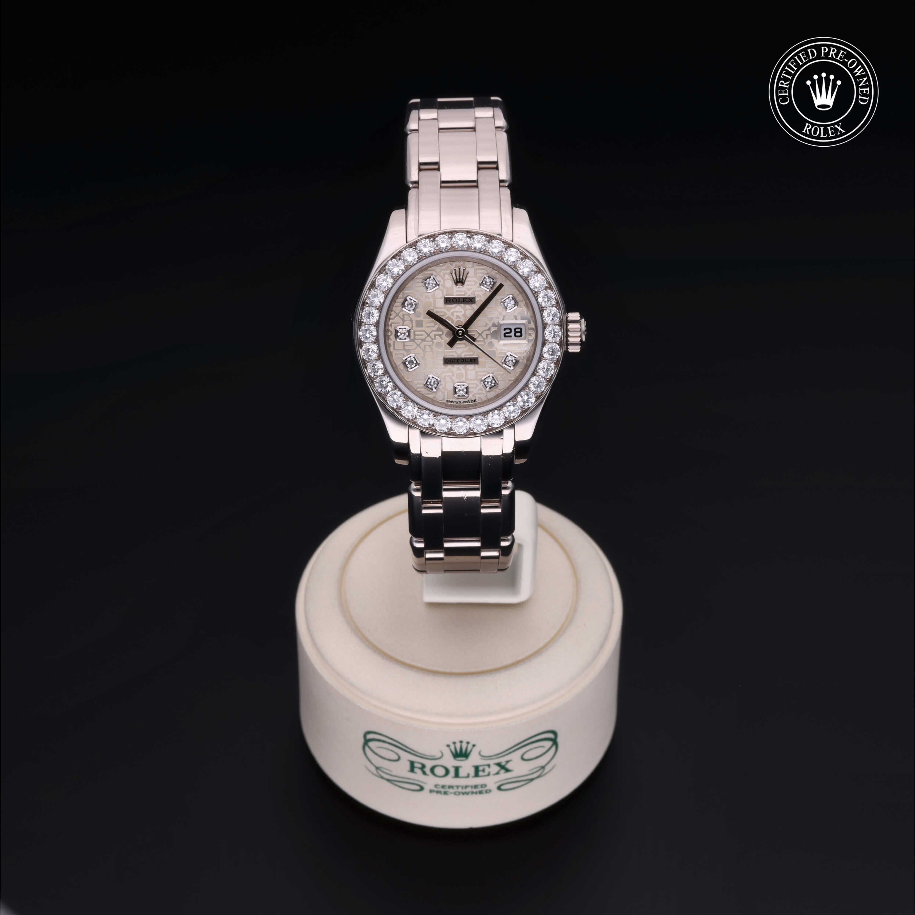 Rolex Certified Pre-owned Lady Datejust Pearlmaster M80299-0073 front on black background