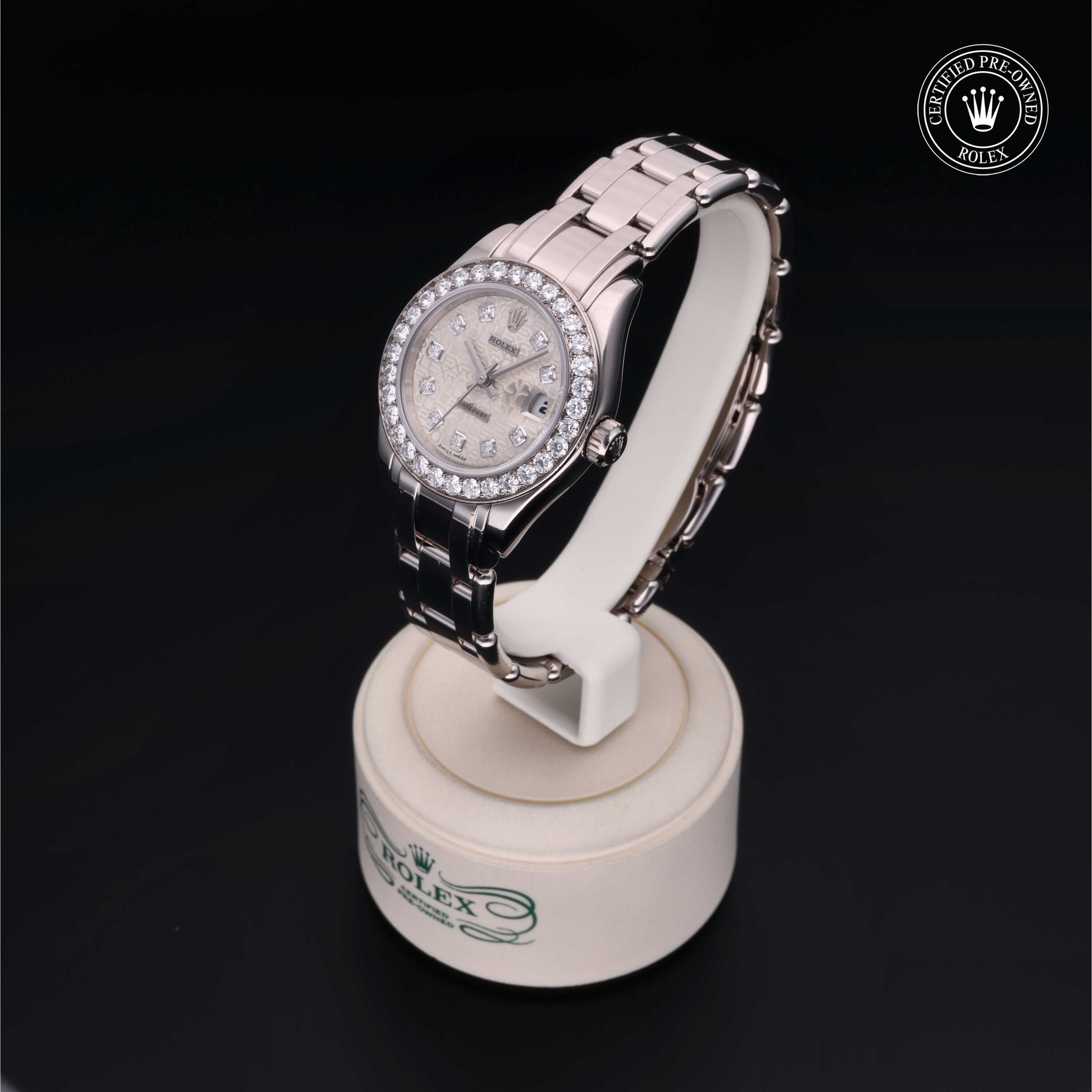 Rolex Certified Pre-owned Lady Datejust Pearlmaster M80299-0073 front on black background