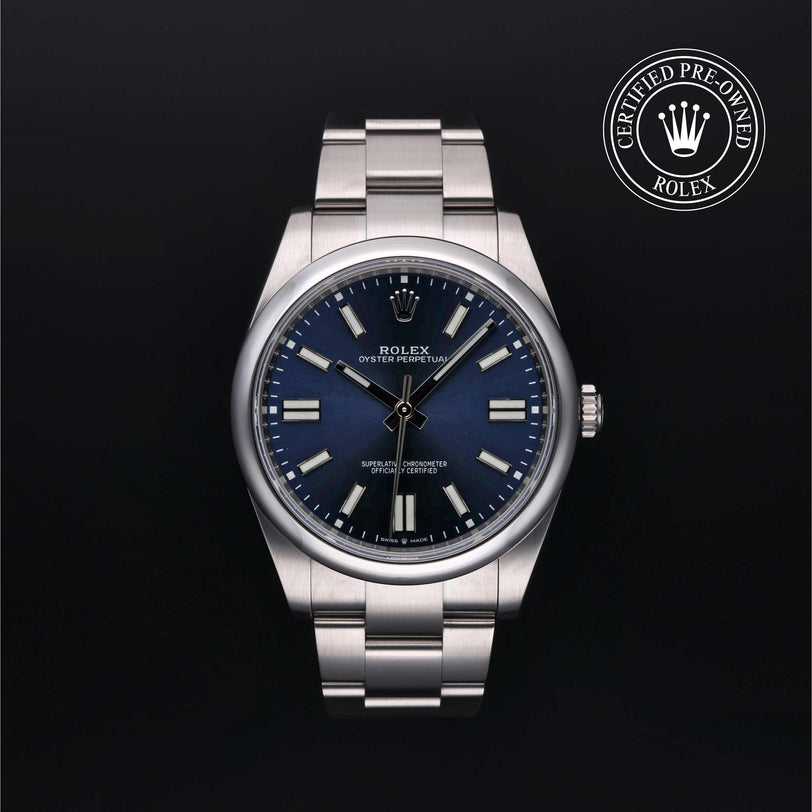 Rolex Certified Pre-owned Oyster Perpetual M124300-0003 front on black background