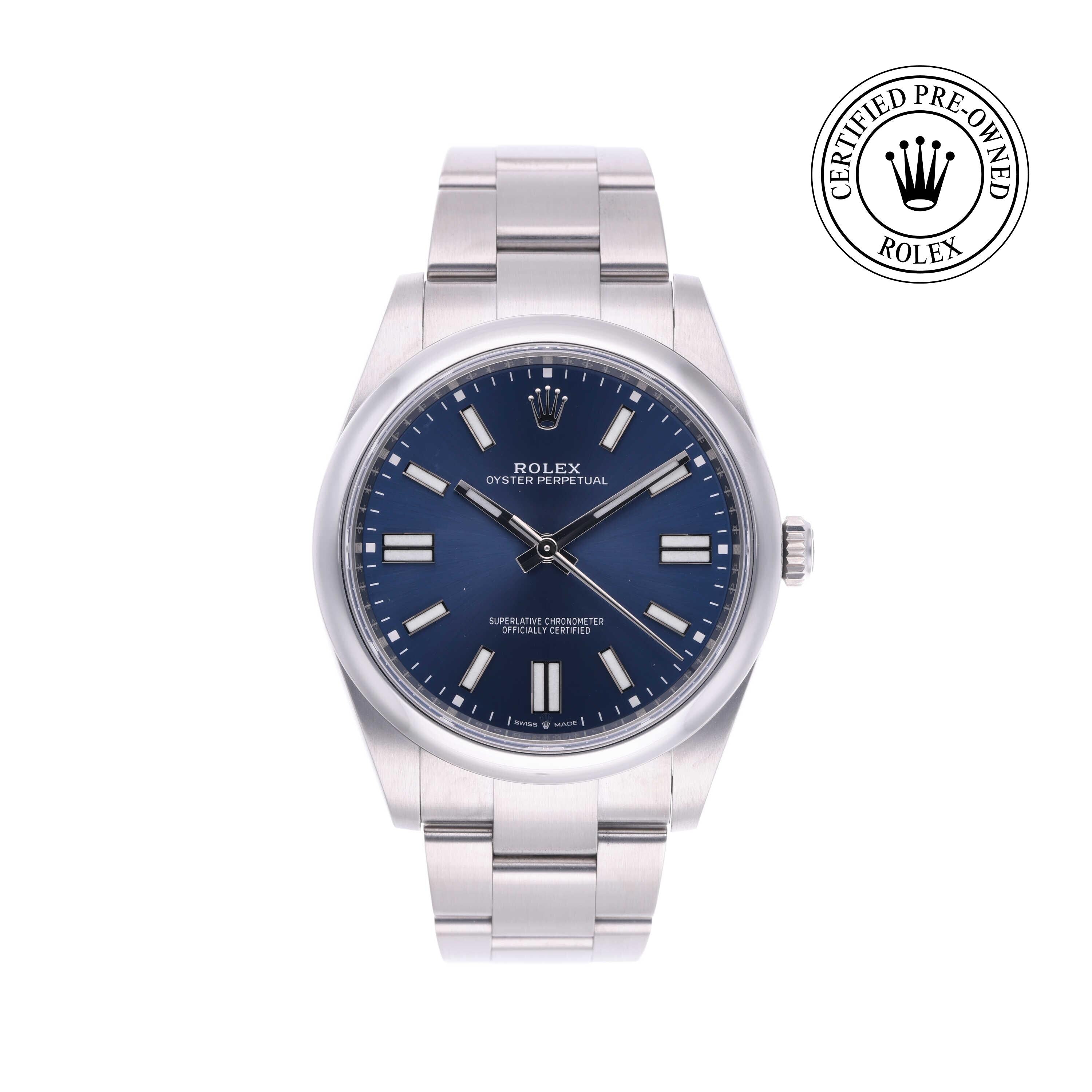 Rolex Certified Pre-owned Oyster Perpetual M124300-0003 front on white background