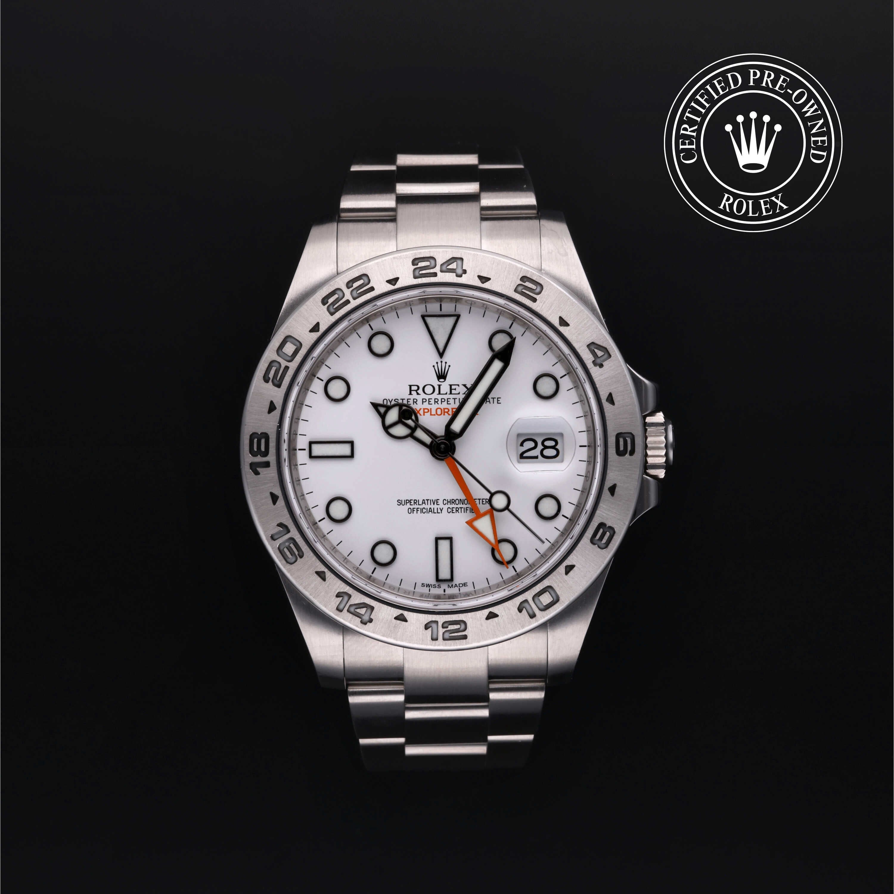 Rolex Certified Pre-owned Explorer M216570-0001 front on black background