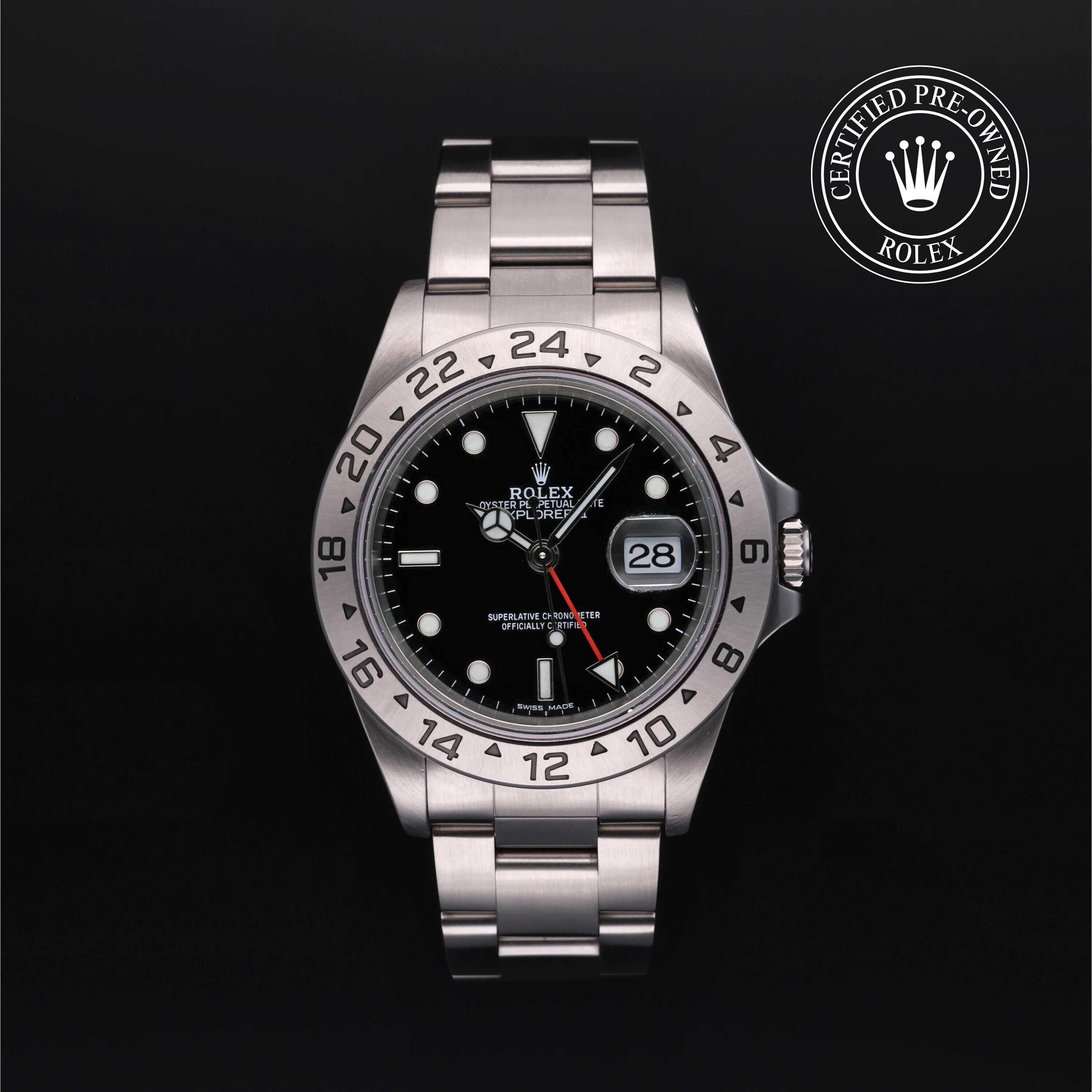 Rolex Certified Pre-owned Explorer M16570-0005 front on black background