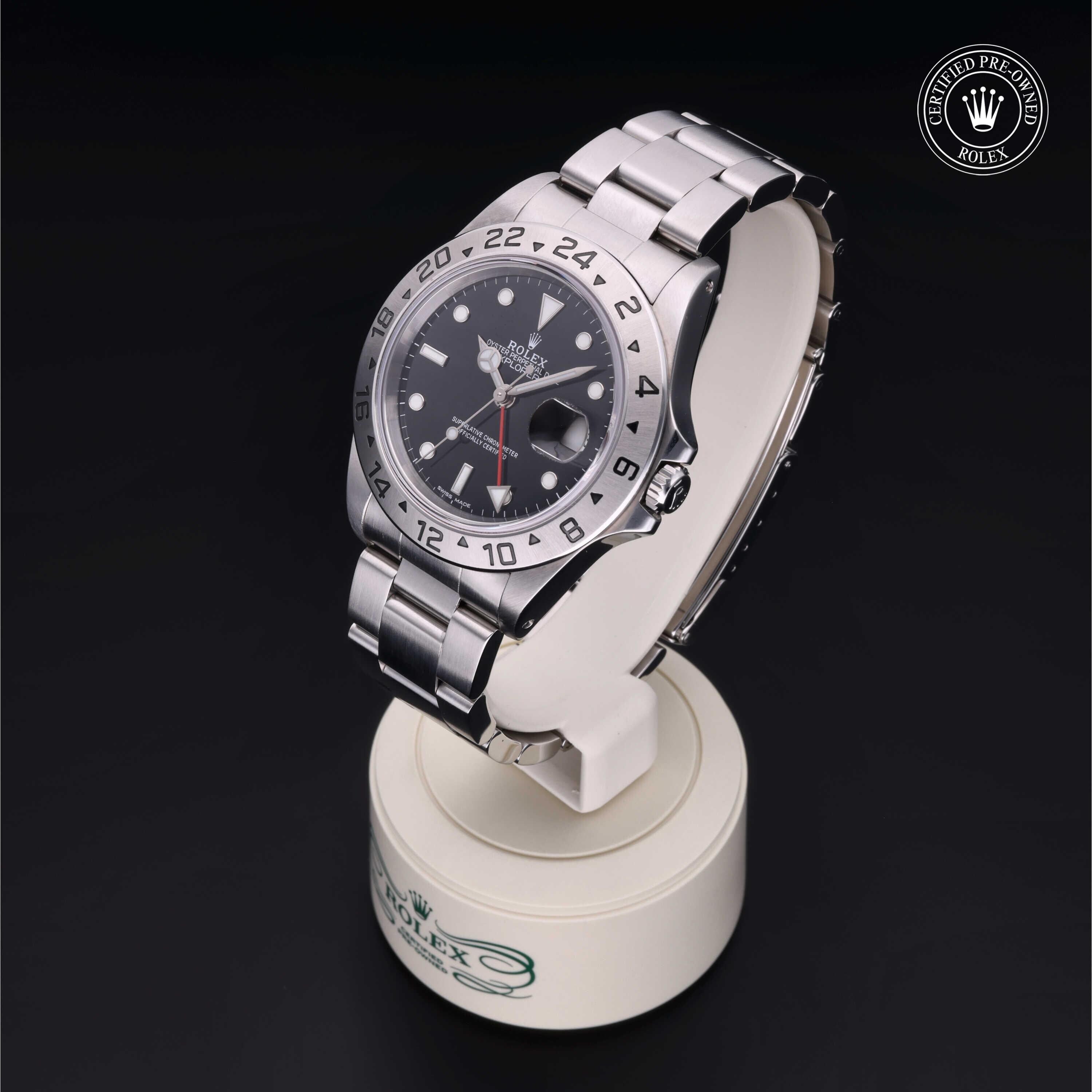 Rolex Certified Pre-owned Explorer M16570-0005 front on black background