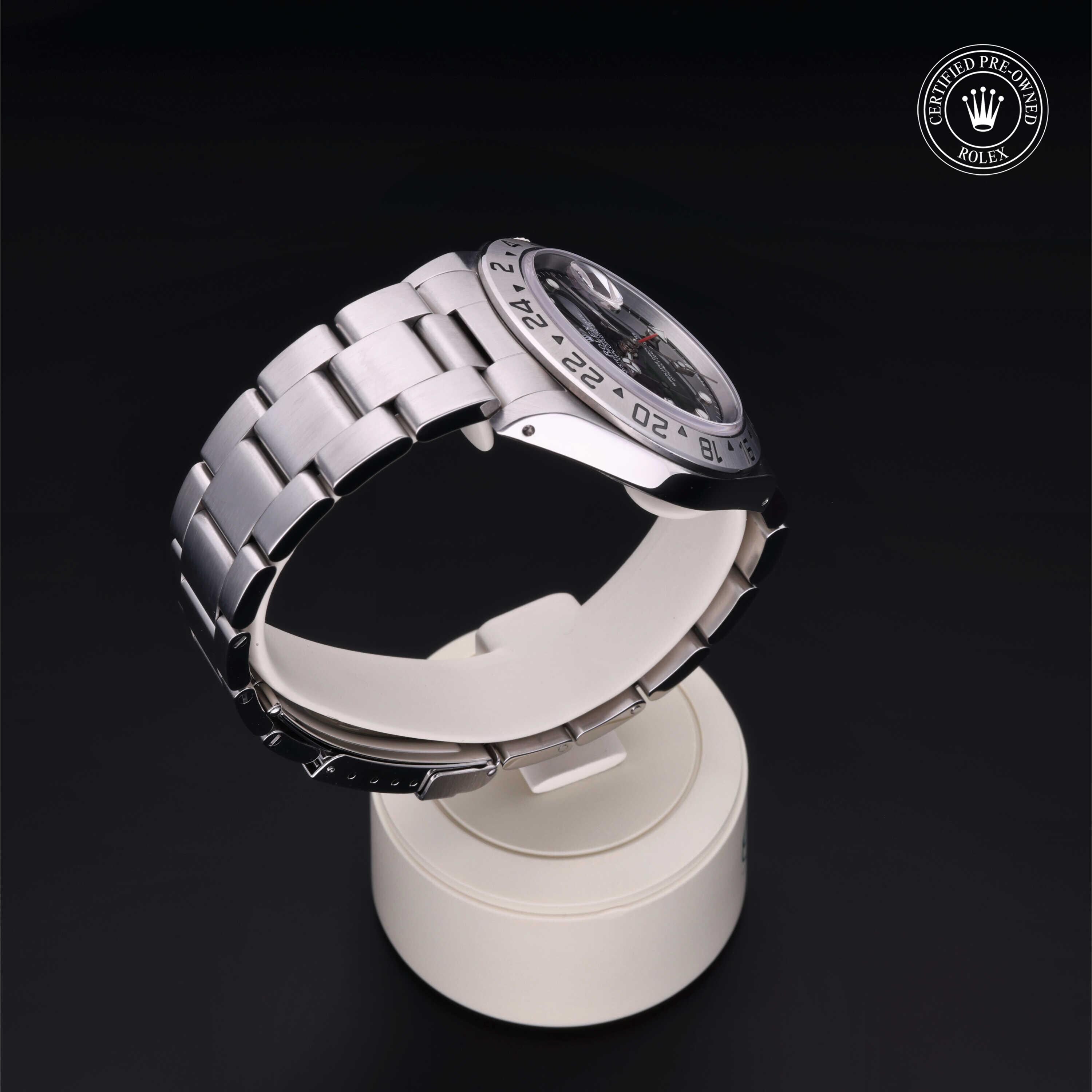 Rolex Certified Pre-owned Explorer M16570-0005 front on black background