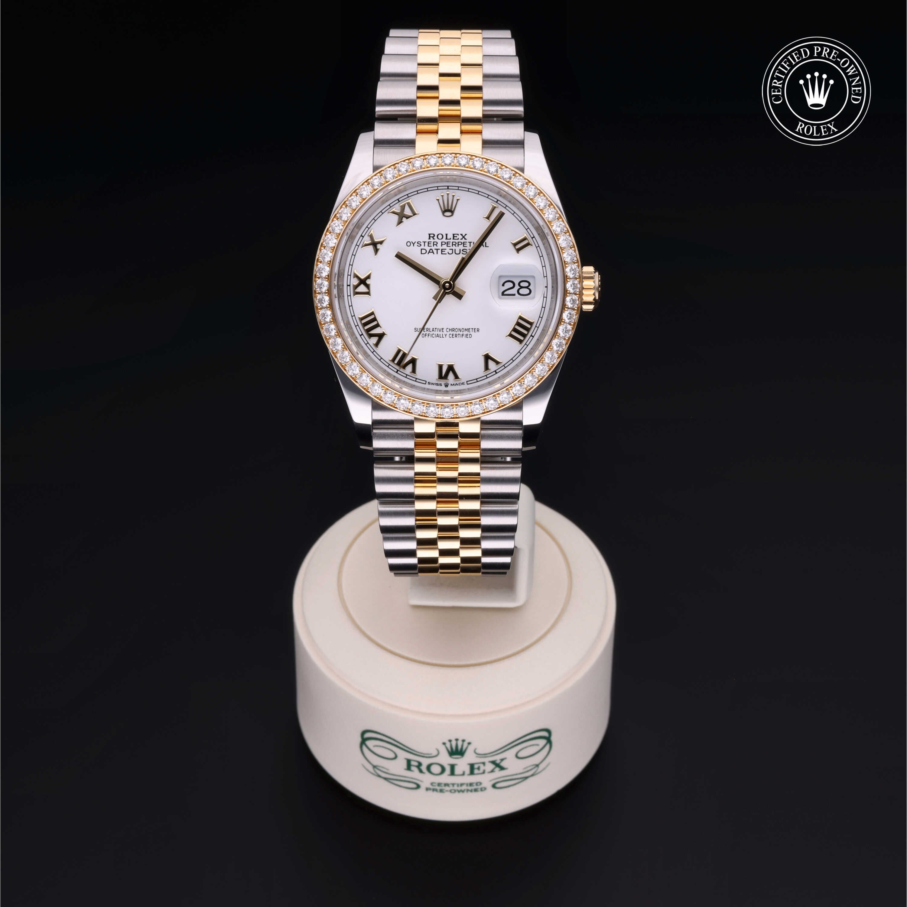 Rolex Certified Pre-owned Datejust M126283RBR-0015 front on black background