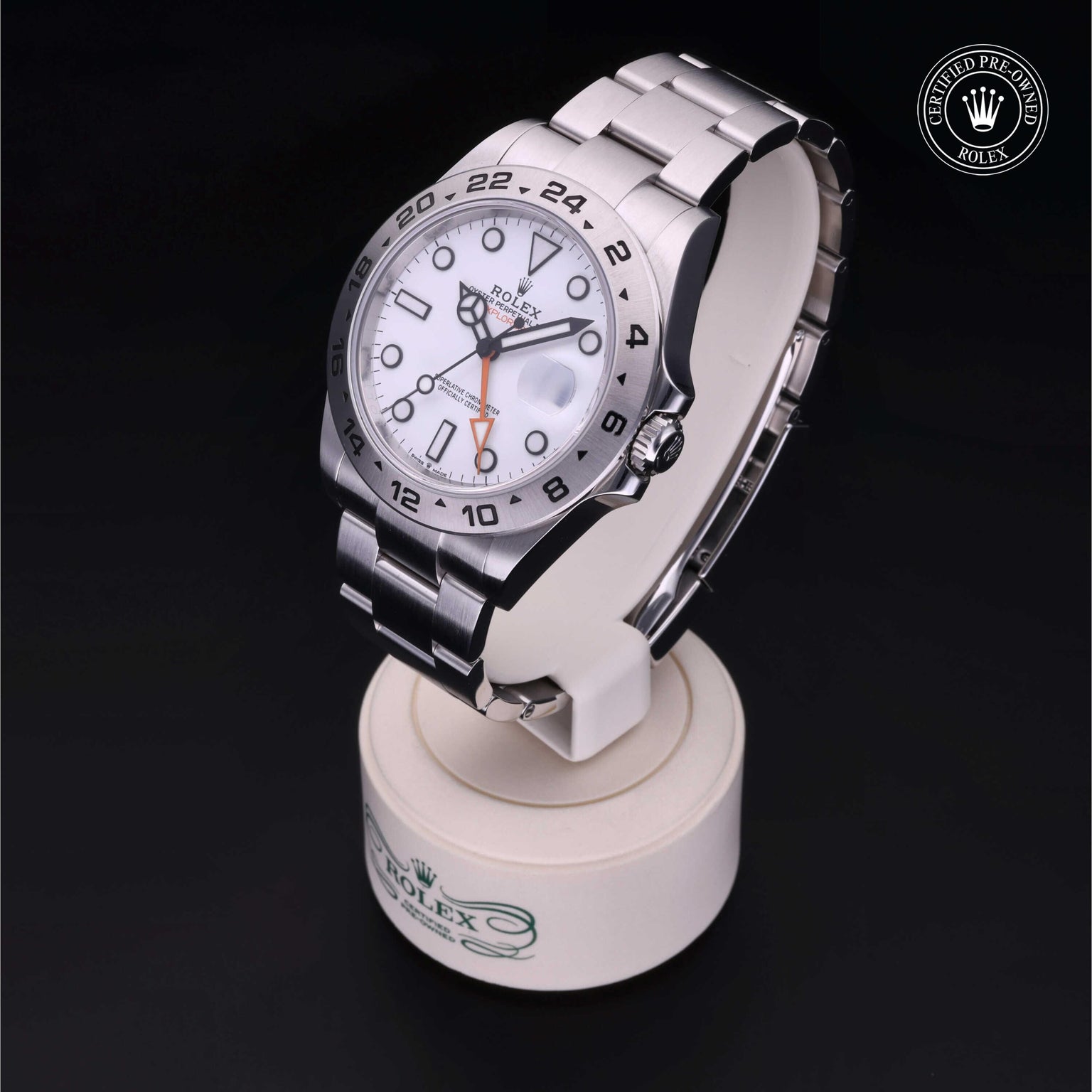 Rolex Certified Pre-owned Explorer M226570-0001 front on black background
