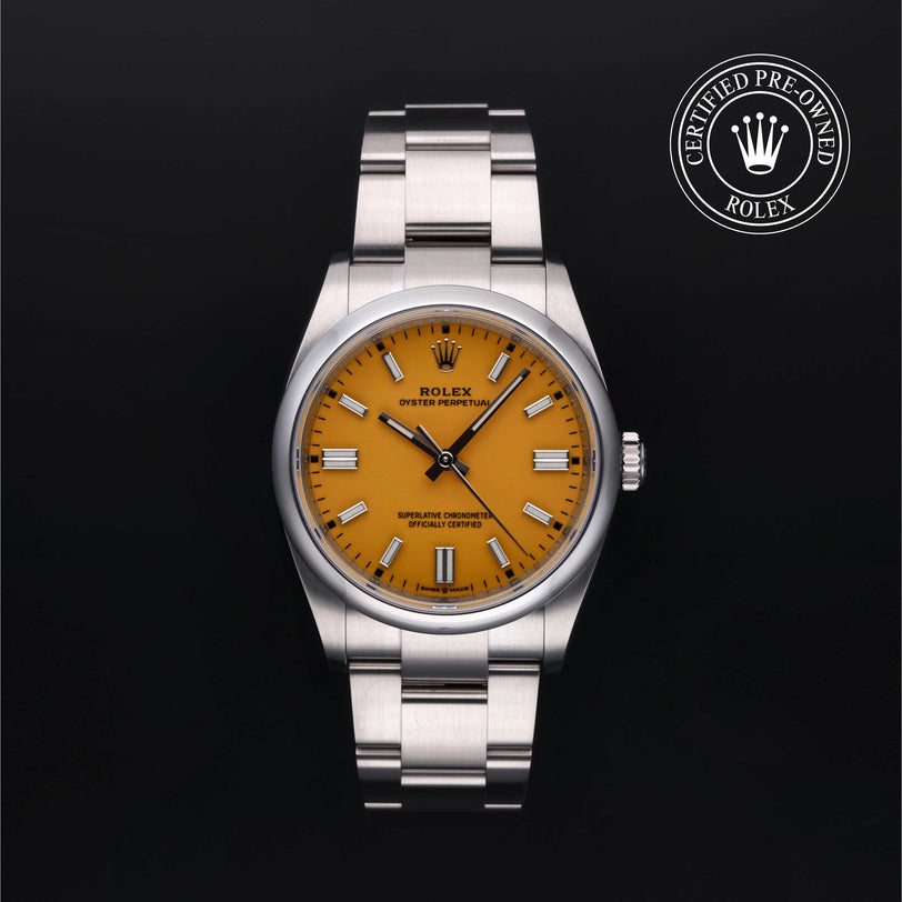 Rolex Certified Pre-owned Oyster Perpetual M126000-0004 front on black background