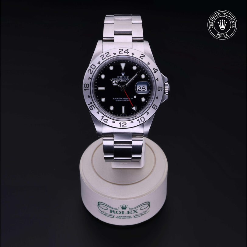 Rolex Certified Pre-owned Explorer M16570-0005 front on black background