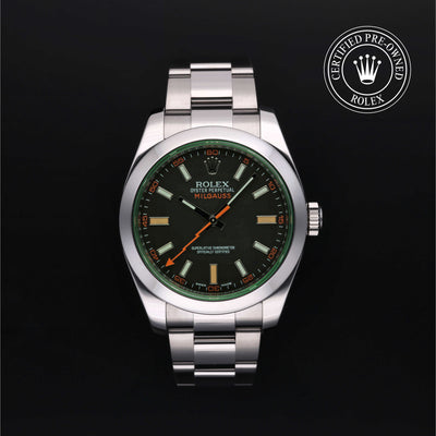 Rolex Certified Pre-owned Milgauss M116400GV-0001 front on black background