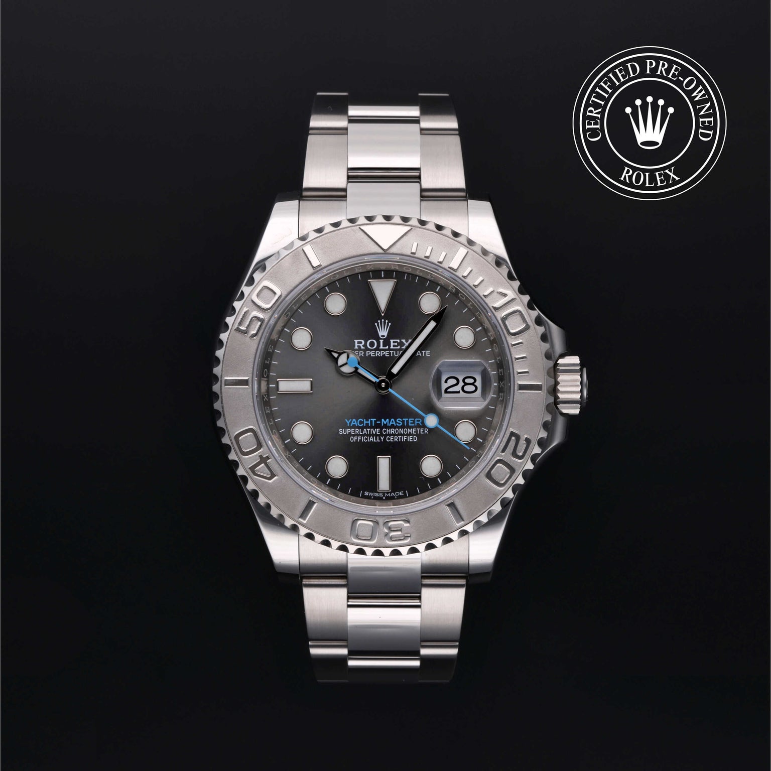 Rolex Certified Pre-owned Yacht-Master M116622-0003 front on black background
