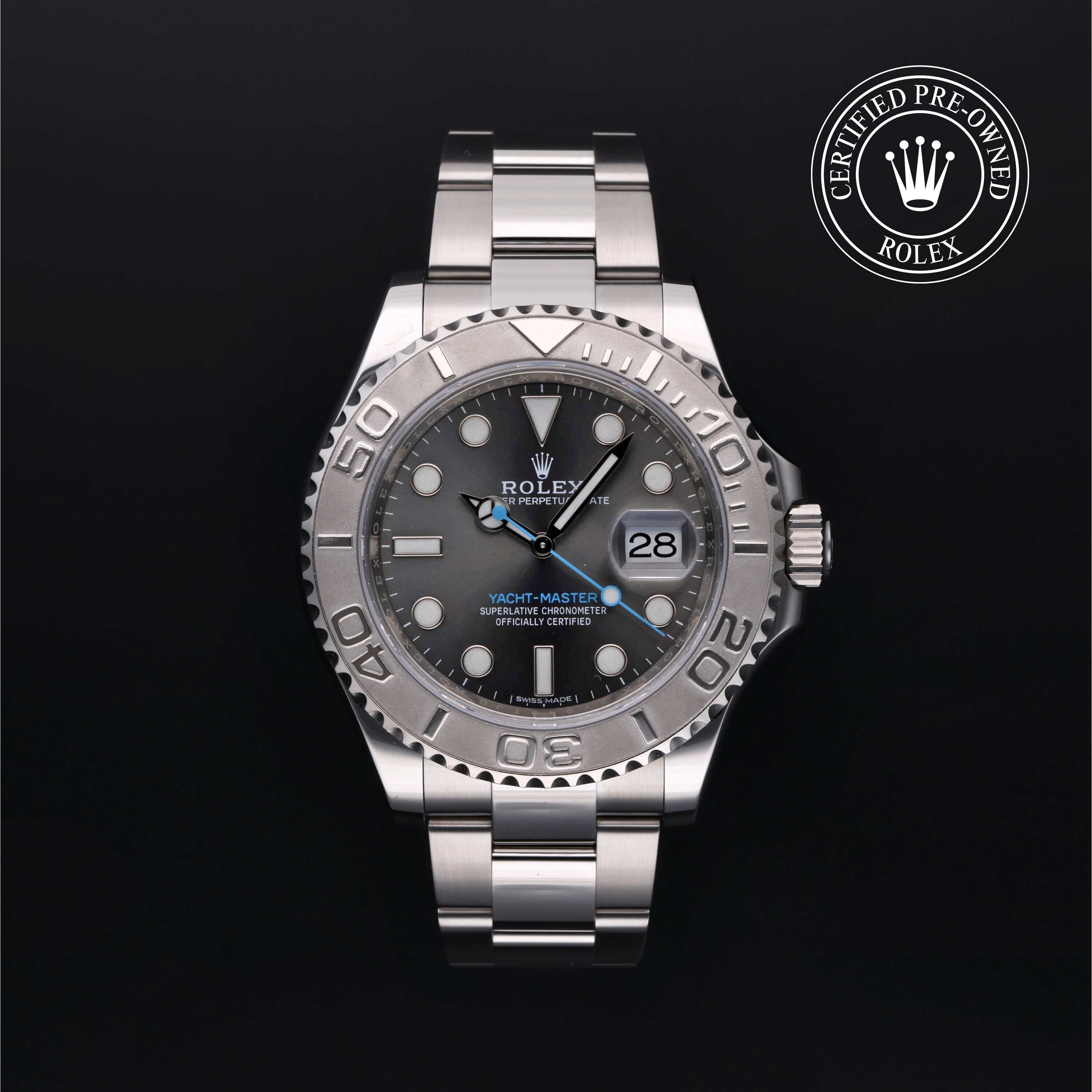 Rolex Certified Pre-owned Yacht-Master M116622-0003 front on black background