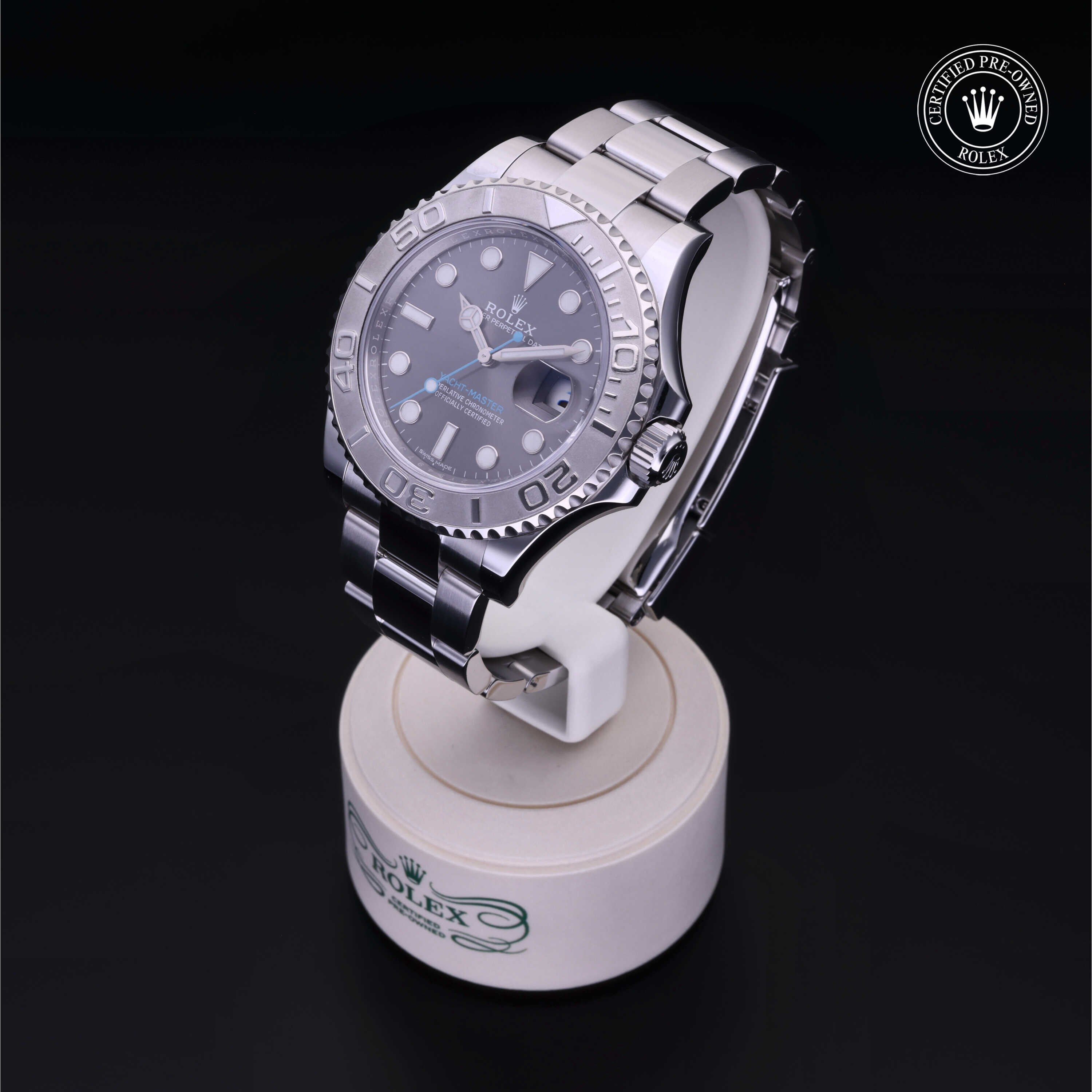 Rolex Certified Pre-owned Yacht-Master M116622-0003 front on black background