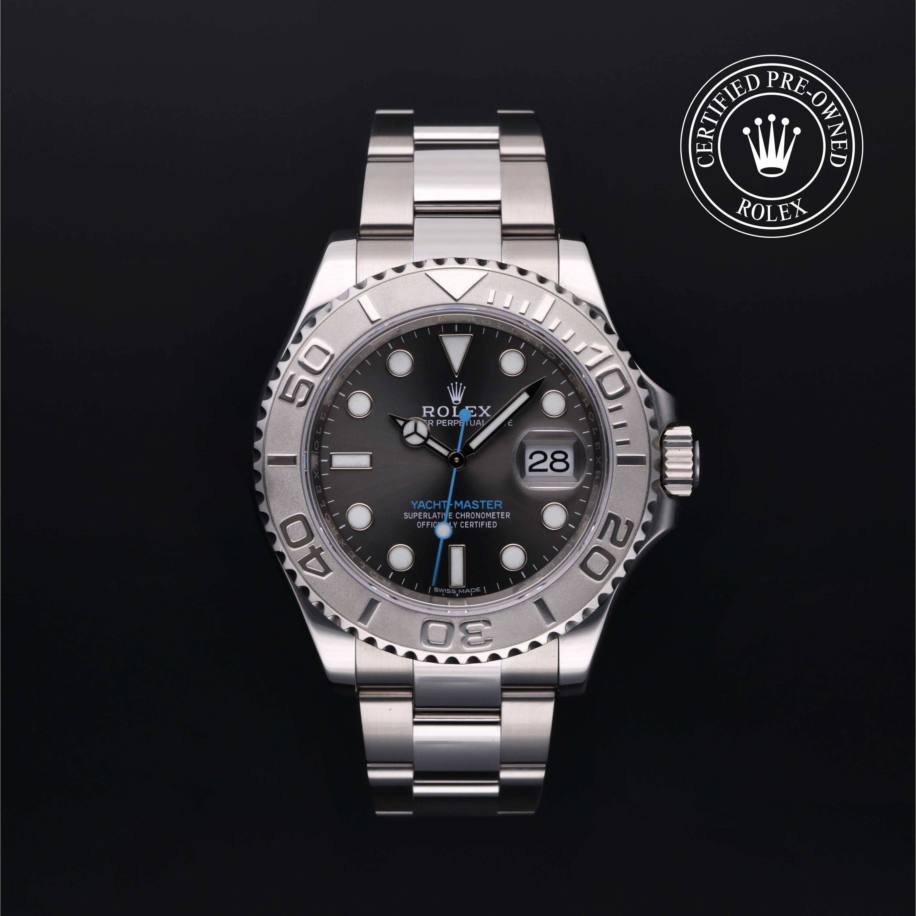 Rolex Certified Pre-owned Yacht-Master M116622-0003 front on black background