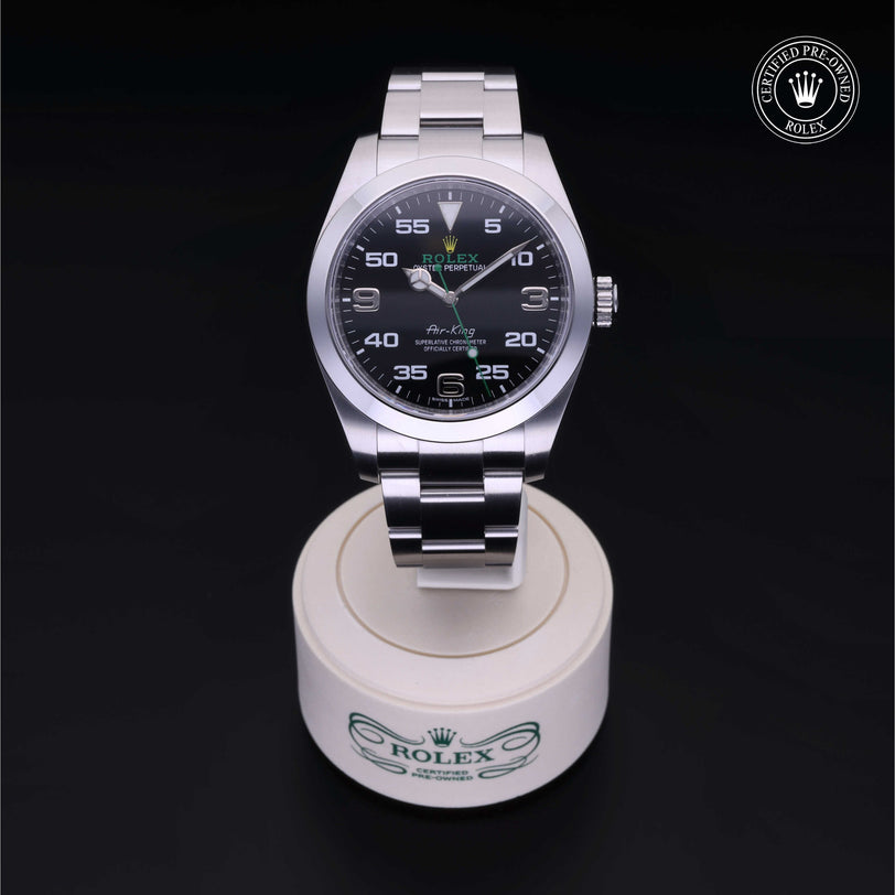 Rolex Certified Pre-owned Air-King M116900-0001 front on black background