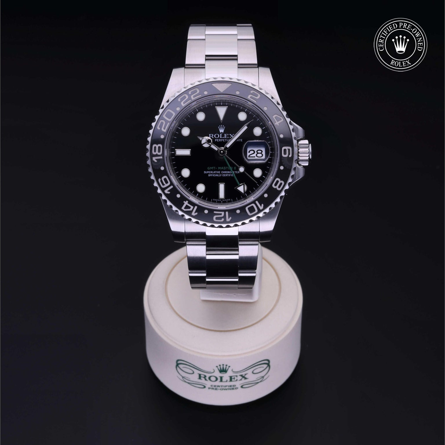 Rolex Certified Pre-owned GMT M116710LN-0001 front on black background