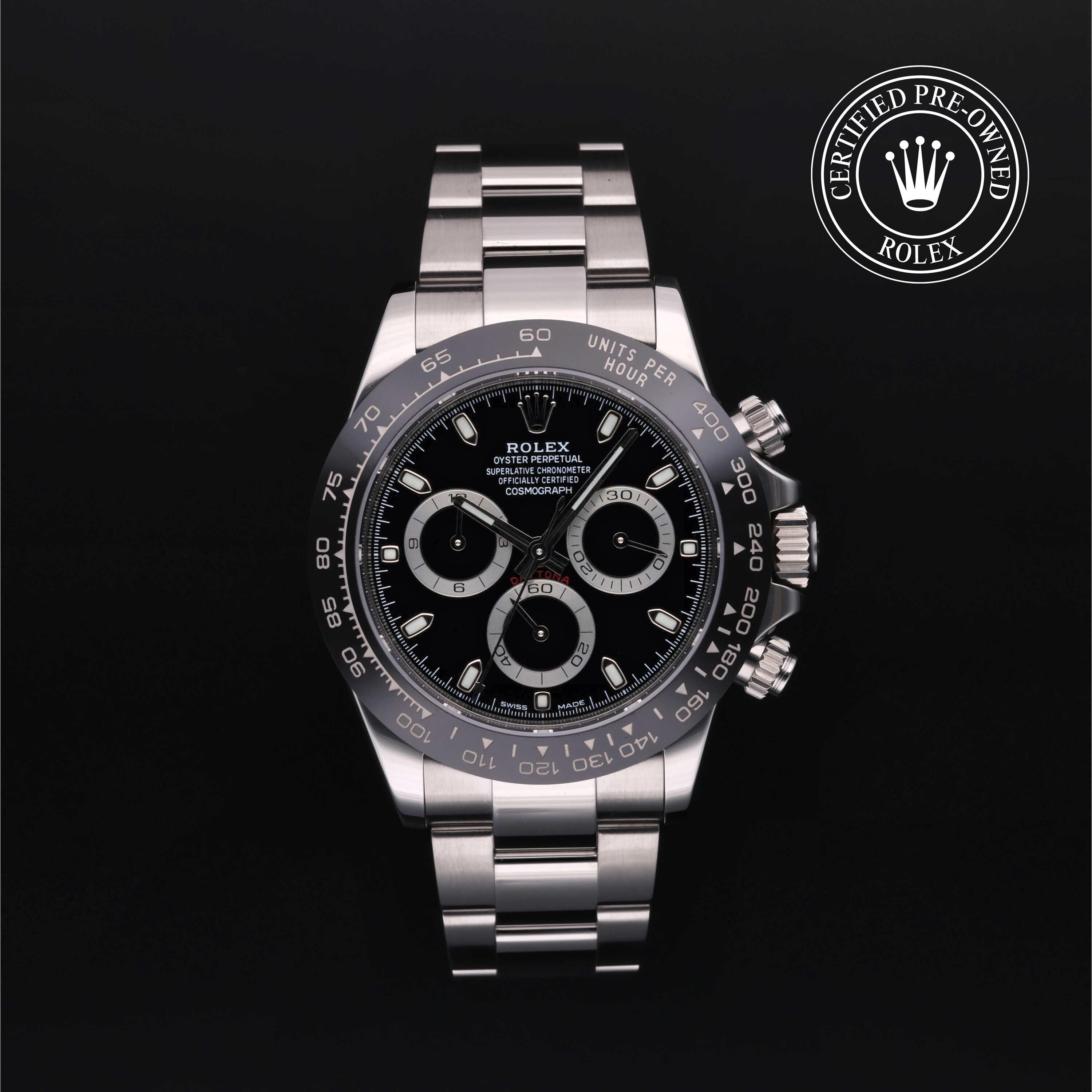 Rolex CPO Daytona M116500LN front on white background