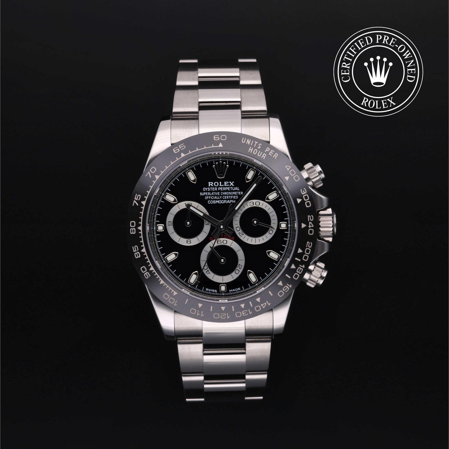 Rolex CPO Daytona M116500LN front on white background