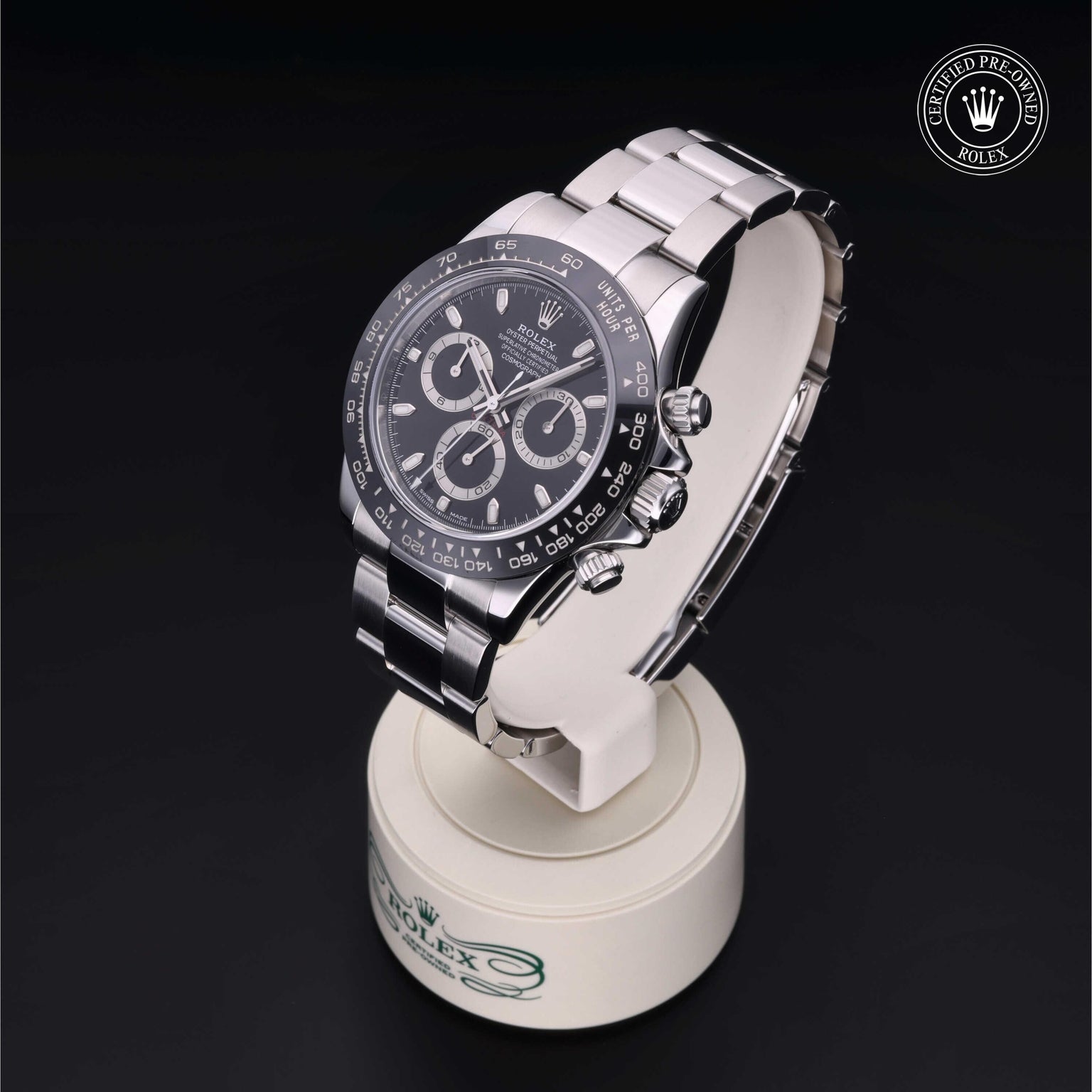 Rolex Certified Pre-owned Daytona M116500LN-0002 front on black background