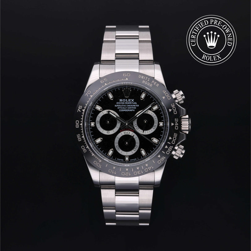 Rolex Certified Pre-owned Daytona M116500LN-0002 front on black background