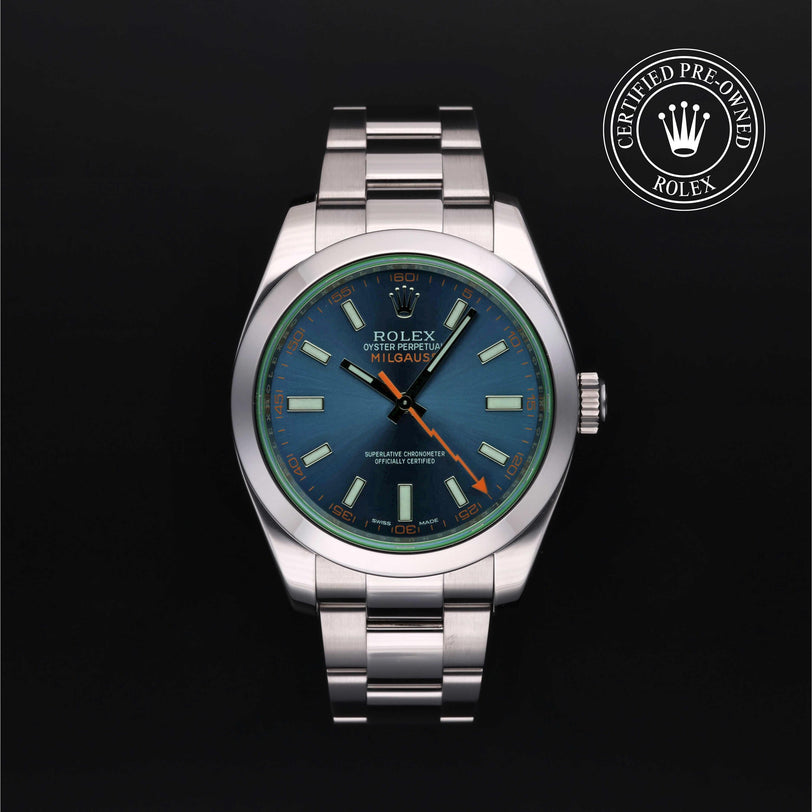 Rolex CPO Milgauss M116400GV front on white background