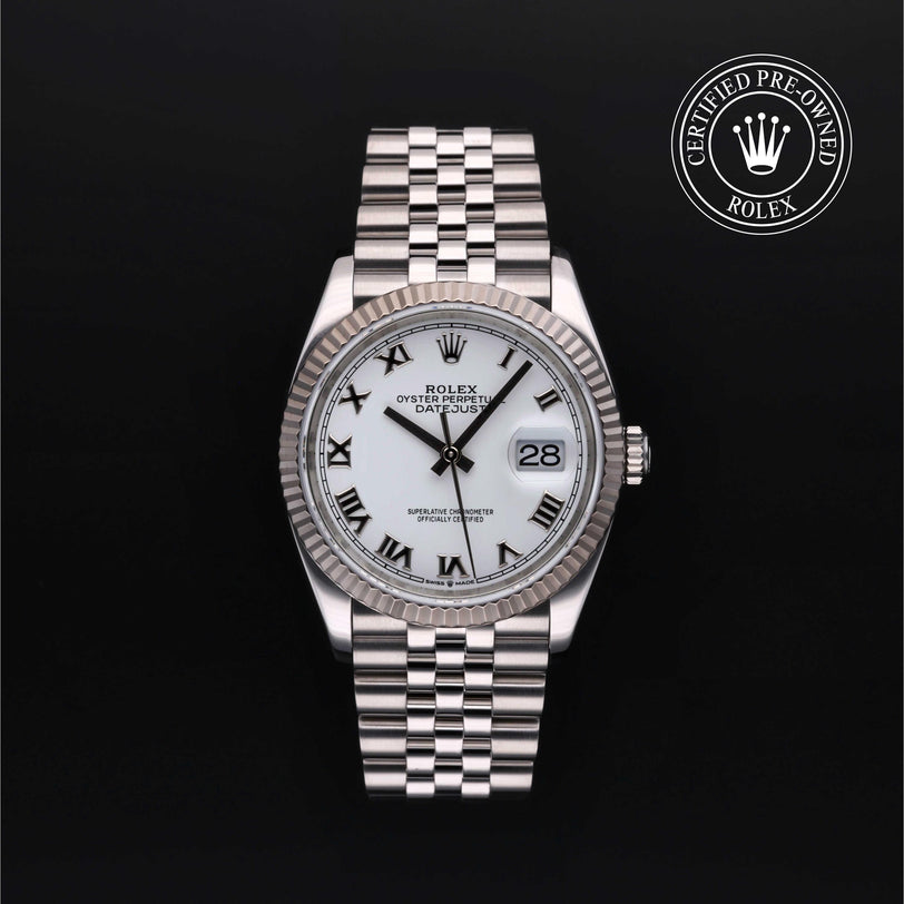 Rolex Certified Pre-owned Datejust M126234-0025 front on black background